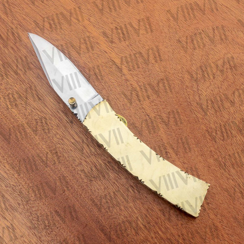 Stainless Steel Pocket Knife with Brass Handle | Folding Knife with Leather Sheath for EDC & Gifting