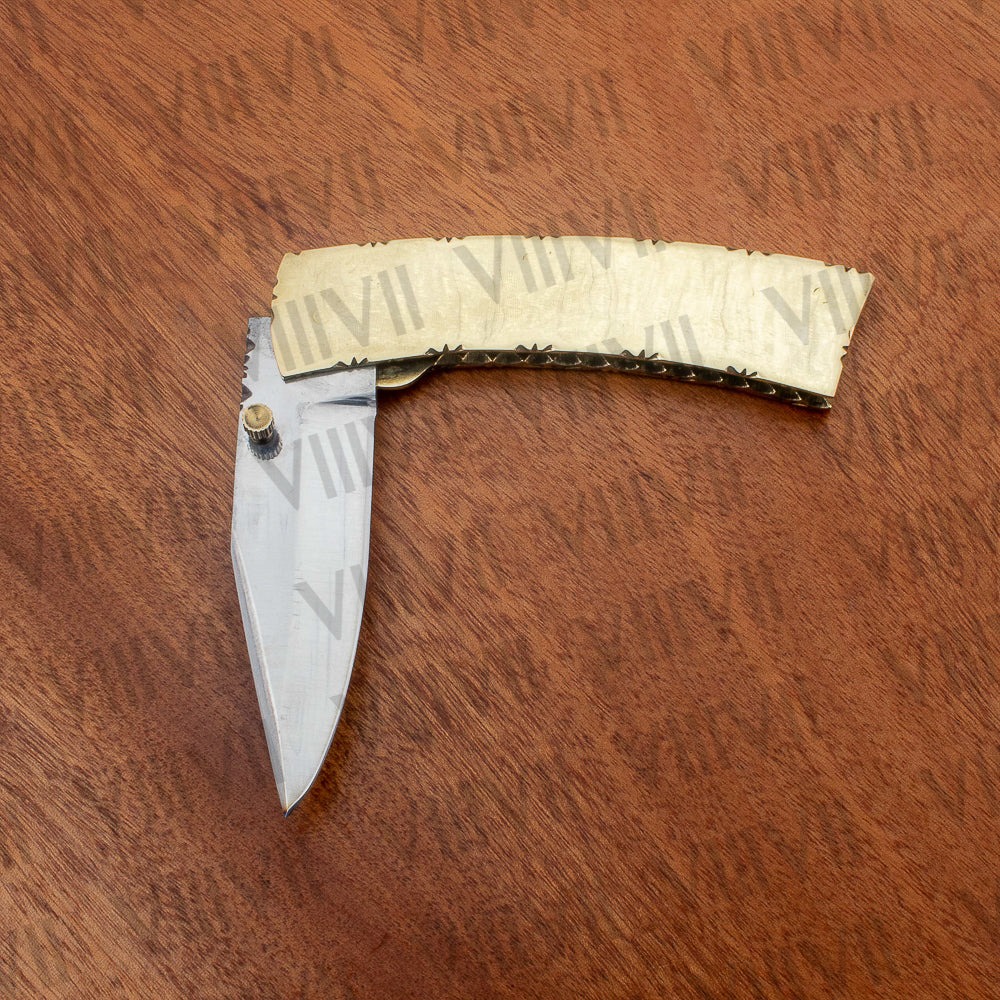 Stainless Steel Pocket Knife with Brass Handle | Folding Knife with Leather Sheath for EDC & Gifting