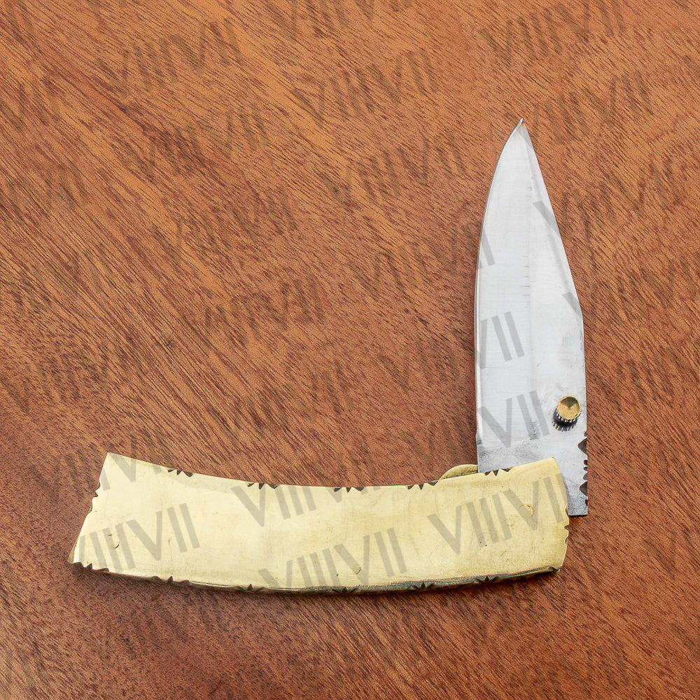 Stainless Steel Pocket Knife with Brass Handle | Folding Knife with Leather Sheath for EDC & Gifting