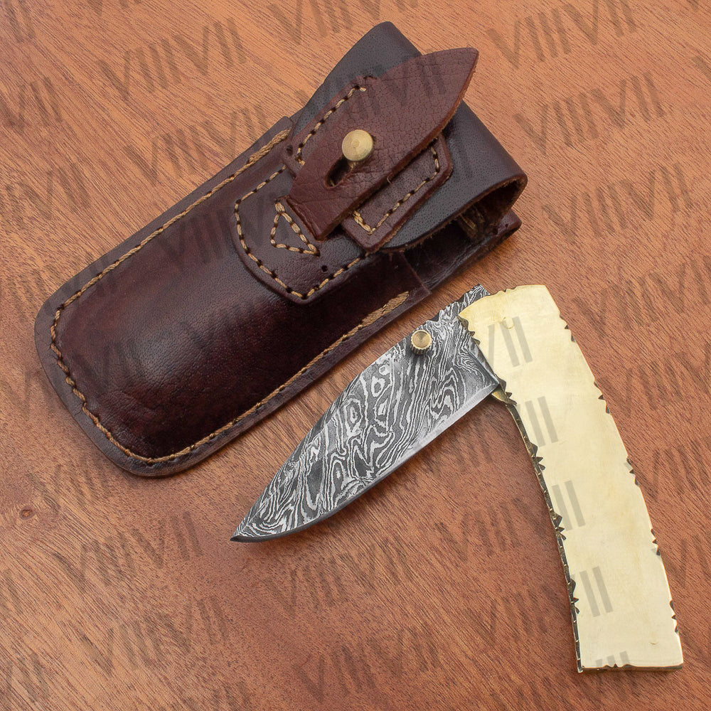 Damascus Steel Pocket Knife with Brass Handle | Handcrafted Folding Knife in Leather Sheath