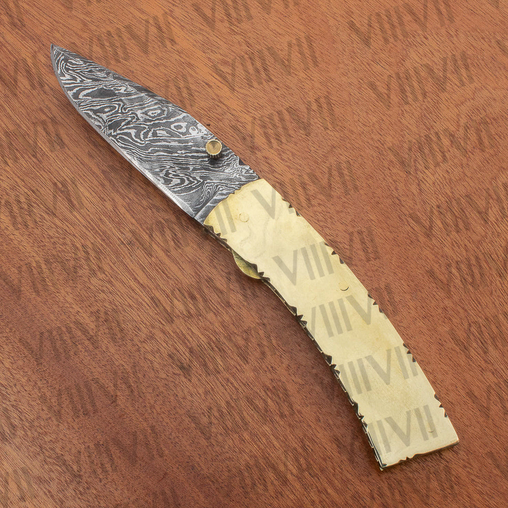 Damascus Steel Pocket Knife with Brass Handle | Handcrafted Folding Knife in Leather Sheath