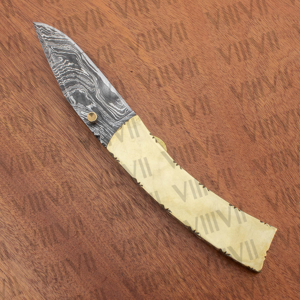Damascus Steel Pocket Knife with Brass Handle | Handcrafted Folding Knife in Leather Sheath