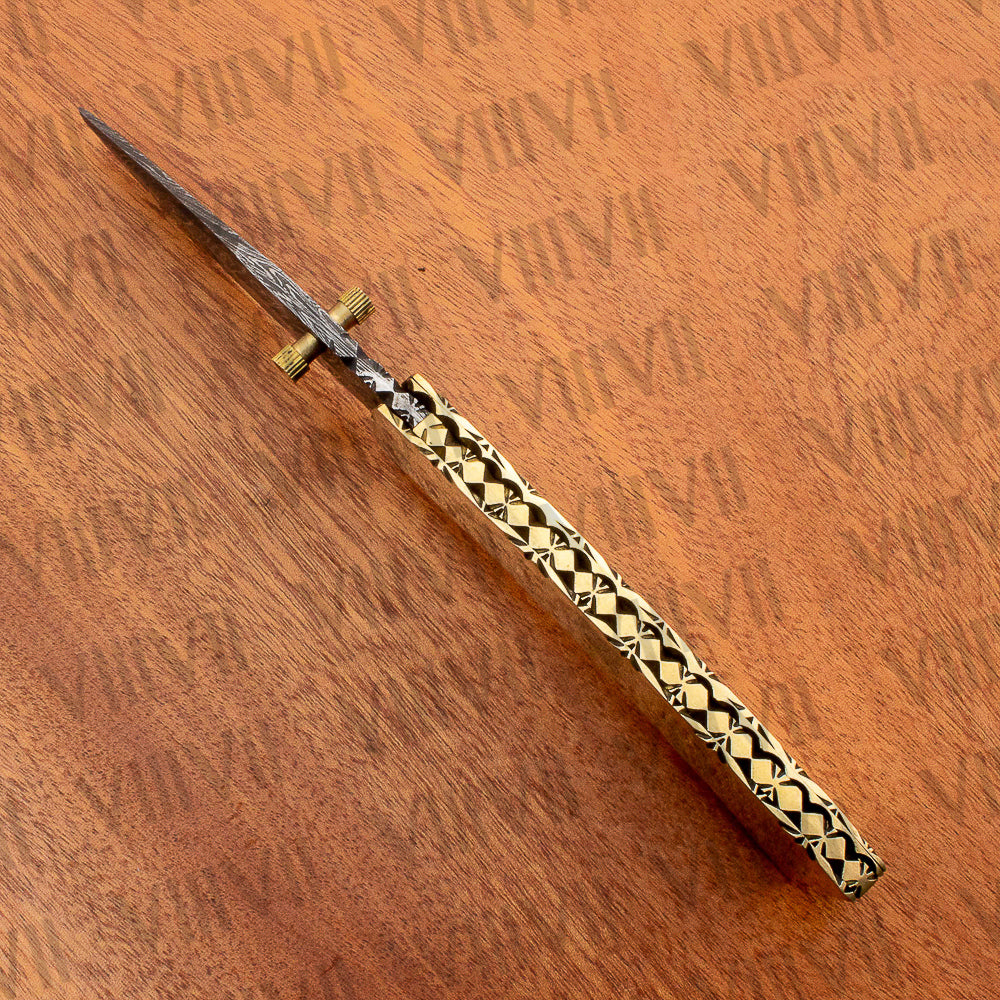 Damascus Steel Pocket Knife with Brass Handle | Handcrafted Folding Knife in Leather Sheath