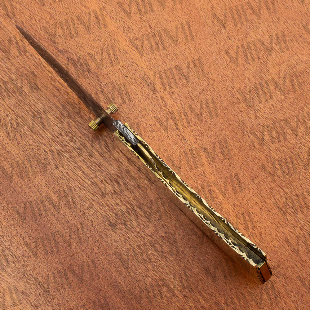 Damascus Steel Pocket Knife with Brass Handle | Handcrafted Folding Knife in Leather Sheath