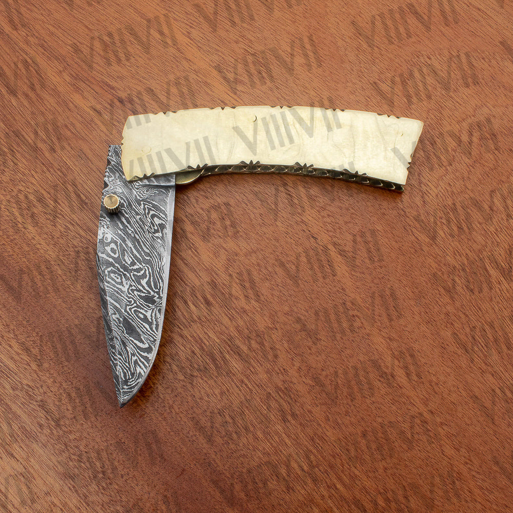 Damascus Steel Pocket Knife with Brass Handle | Handcrafted Folding Knife in Leather Sheath
