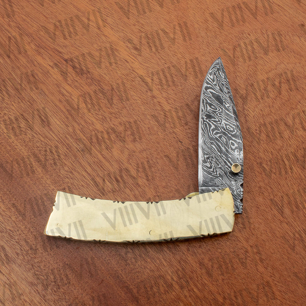 Damascus Steel Pocket Knife with Brass Handle | Handcrafted Folding Knife in Leather Sheath