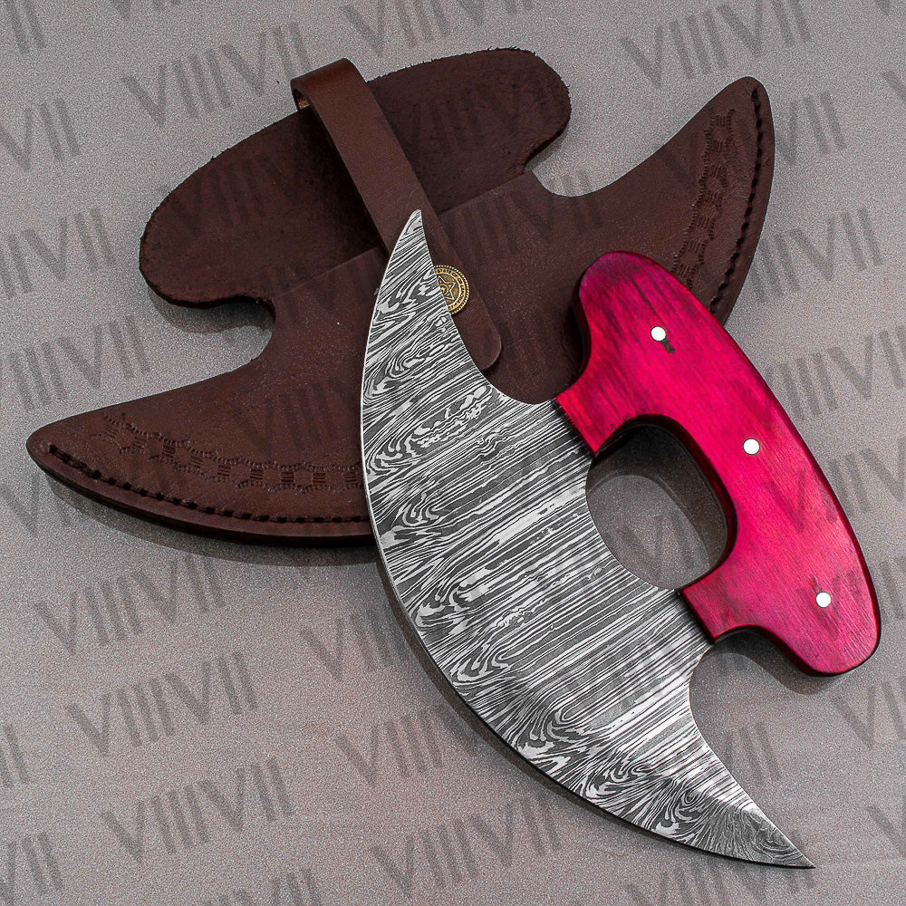Pizza Knife, Alaskan Ulu Knife Forged from Damascus Steel with Pink Wood Handle – Unique Kitchen Tool & Gift