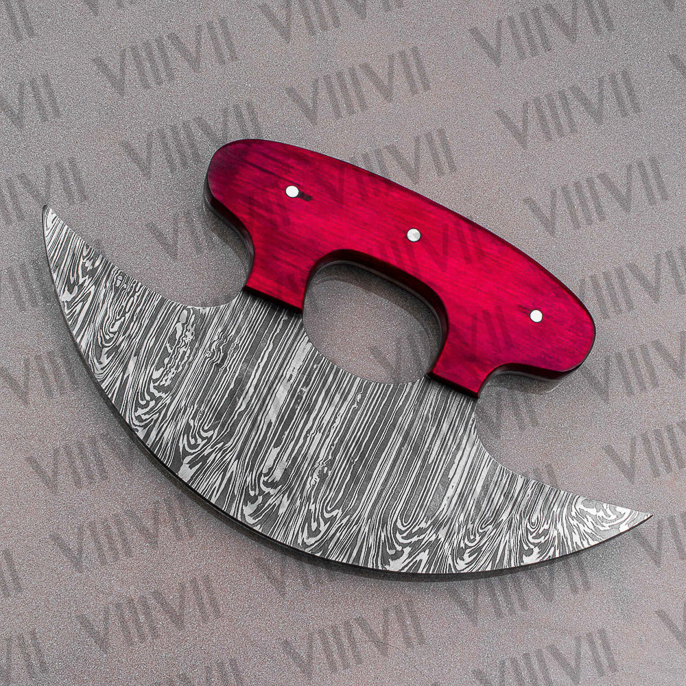 Pizza Knife, Alaskan Ulu Knife Forged from Damascus Steel with Pink Wood Handle – Unique Kitchen Tool & Gift