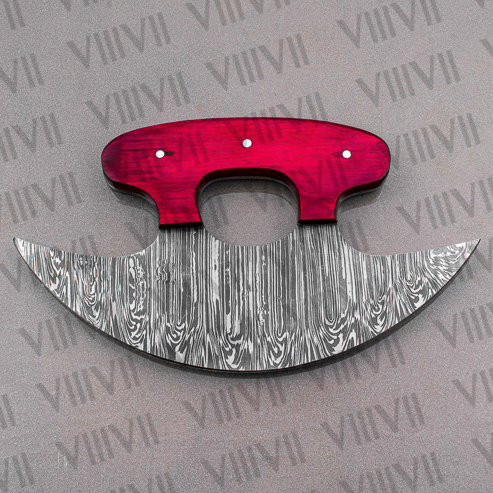 Pizza Knife, Alaskan Ulu Knife Forged from Damascus Steel with Pink Wood Handle – Unique Kitchen Tool & Gift