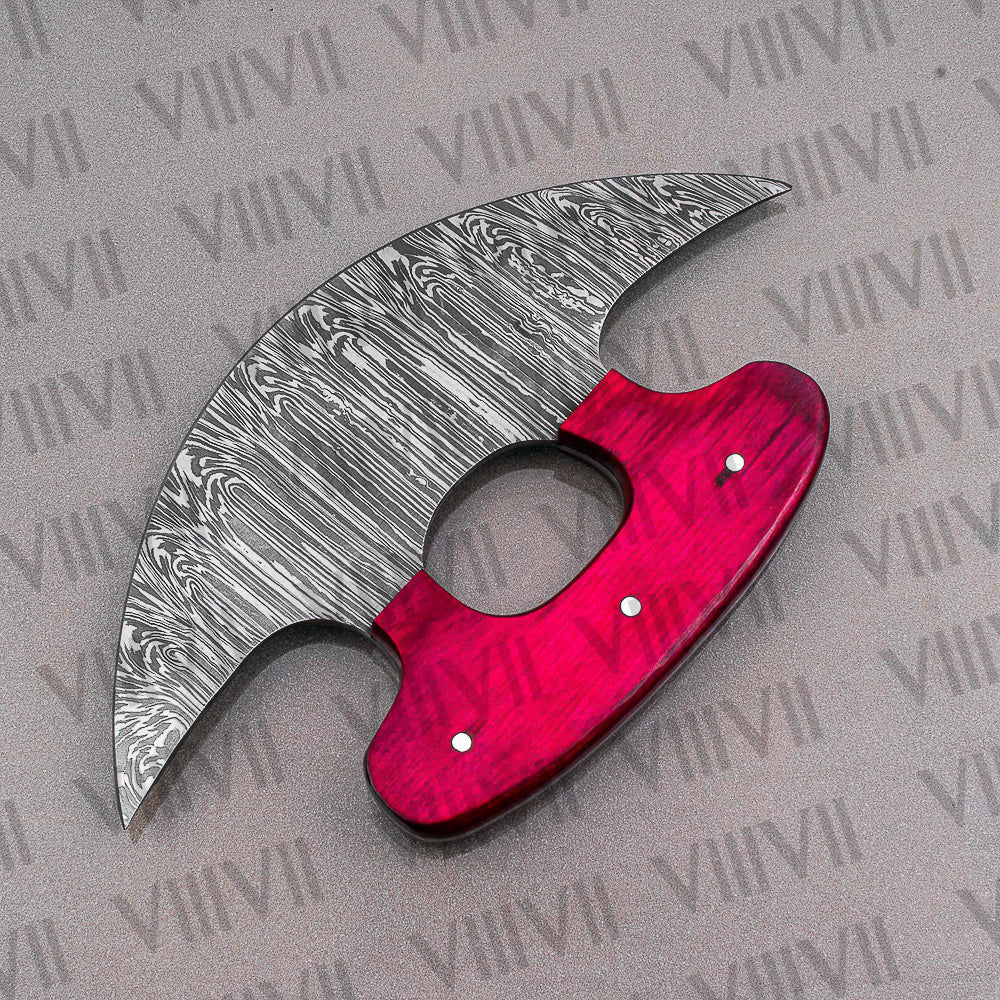 Pizza Knife, Alaskan Ulu Knife Forged from Damascus Steel with Pink Wood Handle – Unique Kitchen Tool & Gift