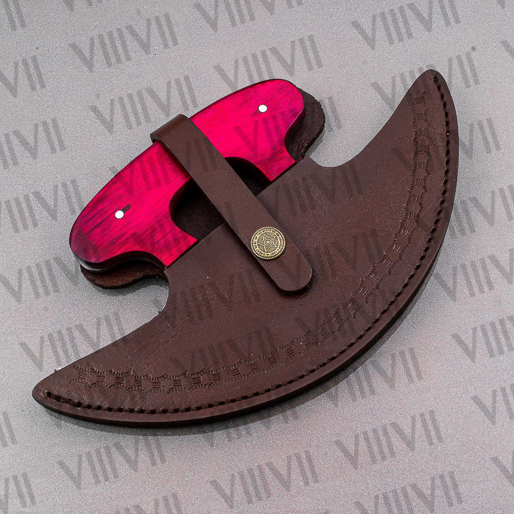 Pizza Knife, Alaskan Ulu Knife Forged from Damascus Steel with Pink Wood Handle – Unique Kitchen Tool & Gift
