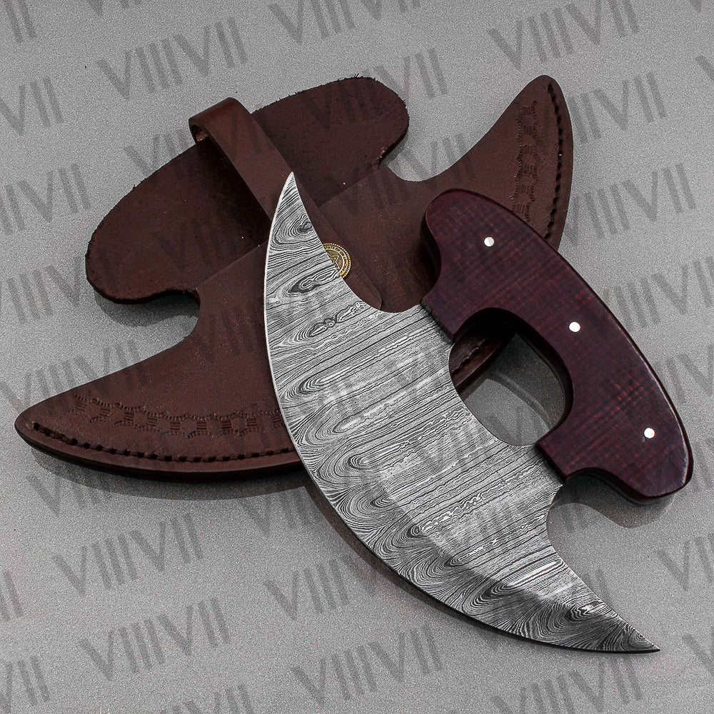 Pizza Knife, Alaskan Ulu Knife Hand-Forged from Damascus Steel with Micarta Handle  Unique Kitchen Tool & Gift