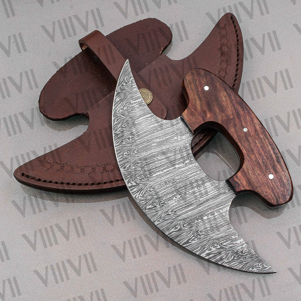 Damascus Steel Pizza Knife, Alaskan Ulu Knife with Rosewood Handle – Handmade Kitchen Tool & Gift