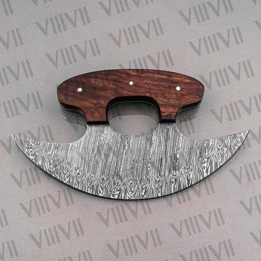 Damascus Steel Pizza Knife, Alaskan Ulu Knife with Rosewood Handle – Handmade Kitchen Tool & Gift