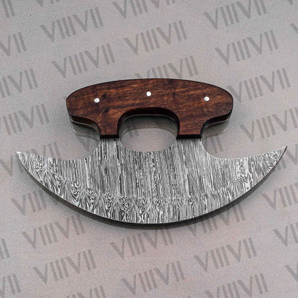 Damascus Steel Pizza Knife, Alaskan Ulu Knife with Rosewood Handle – Handmade Kitchen Tool & Gift