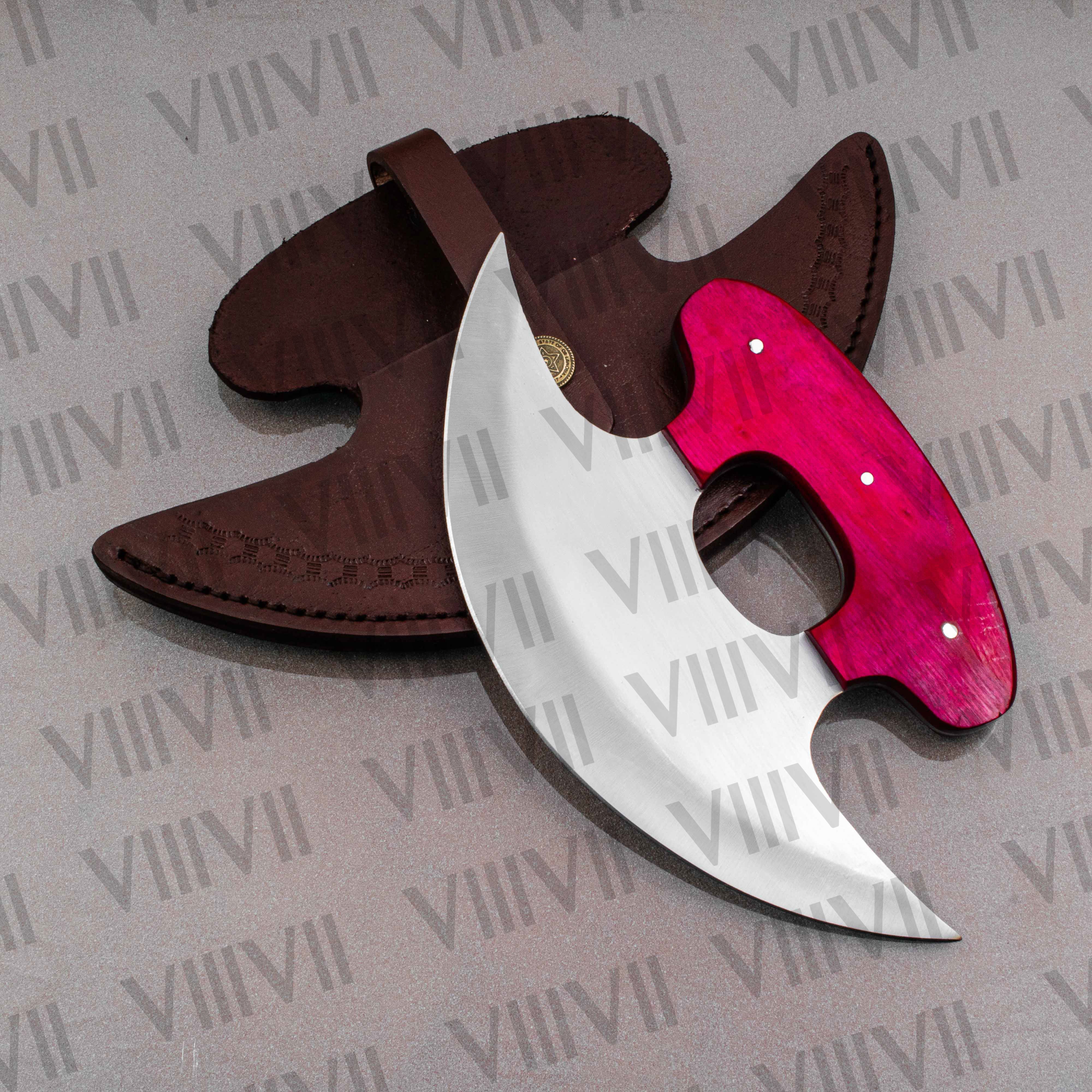 Pizza Knife, Alaskan Ulu Knife with Stainless Steel Blade & Pink Wood Handle – Handmade Kitchen Tool