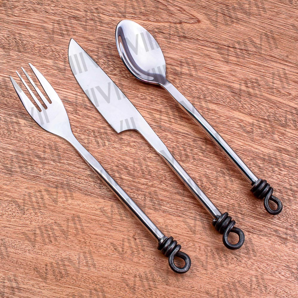 Viking cutlery set hand forged in medieval knot work style & mirror polished with aniline leather sheath
