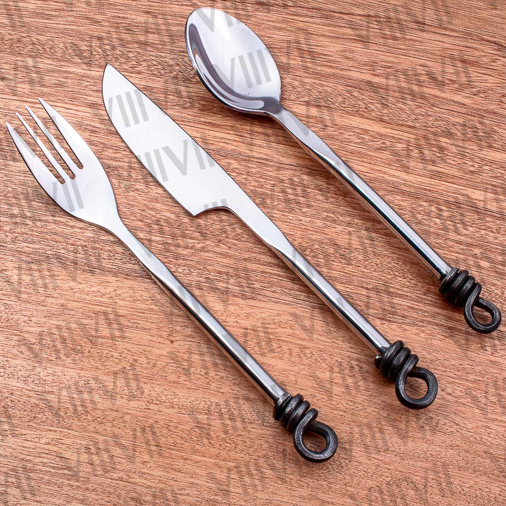 Viking cutlery set hand forged in medieval knot work style & mirror polished with aniline leather sheath