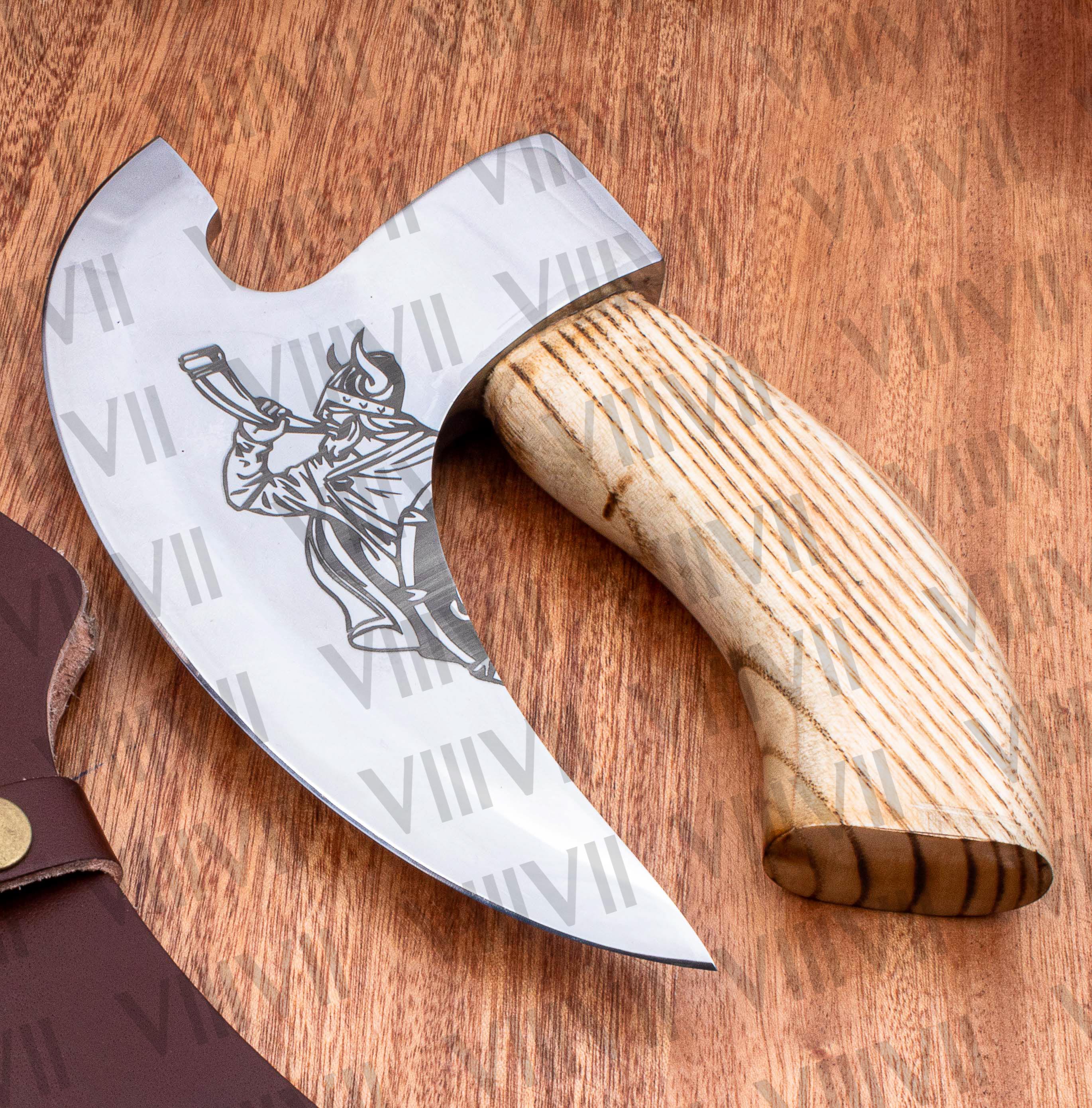 Viking blow horn viking pizza axe hand forged pizza slicer custom engraved ash wood handle top seller camping axe kitchen axe