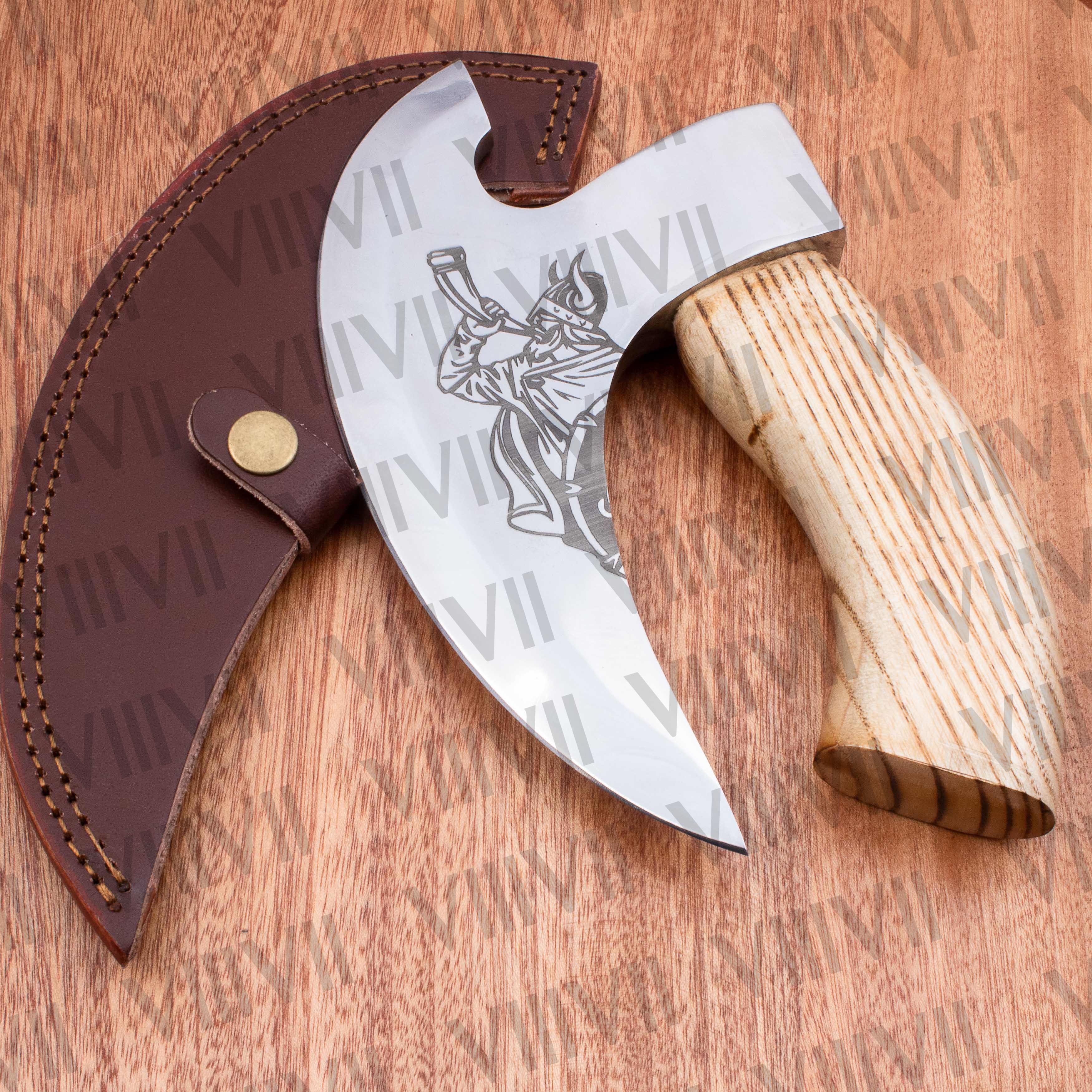 Viking blow horn viking pizza axe hand forged pizza slicer custom engraved ash wood handle top seller camping axe kitchen axe