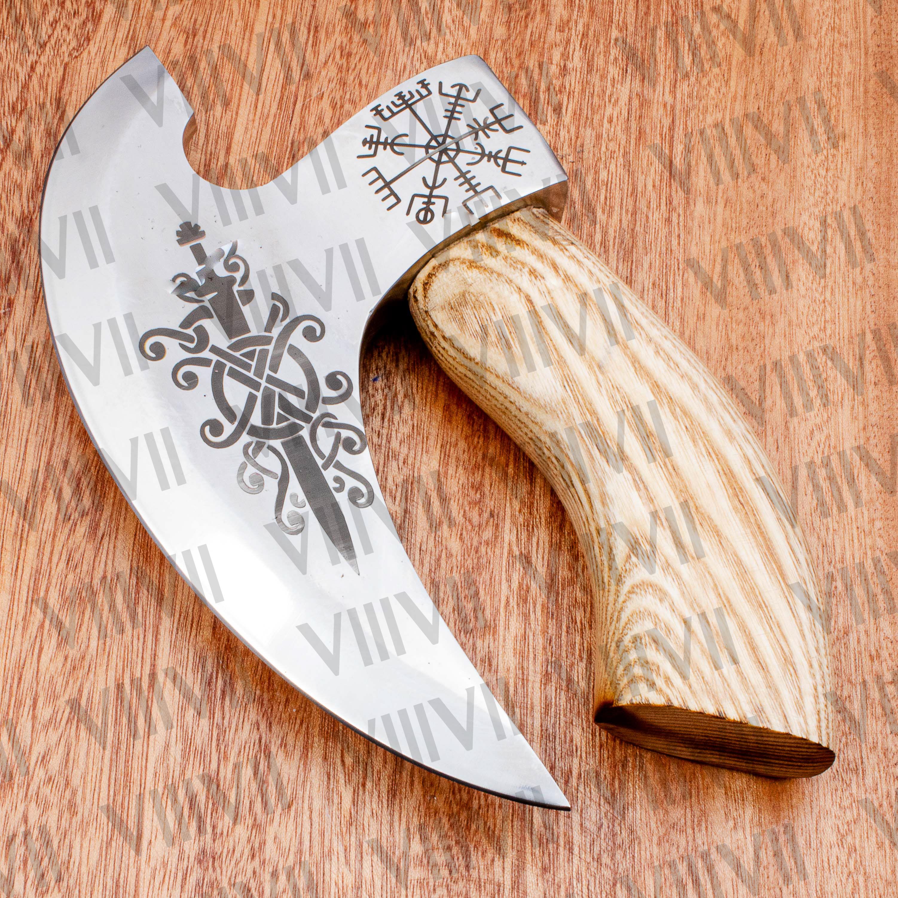 Viking ulferbht sword engraved pizza axe custom pizza cutter wholesale kitchen knife leather sheath Viking birthday handmade gift