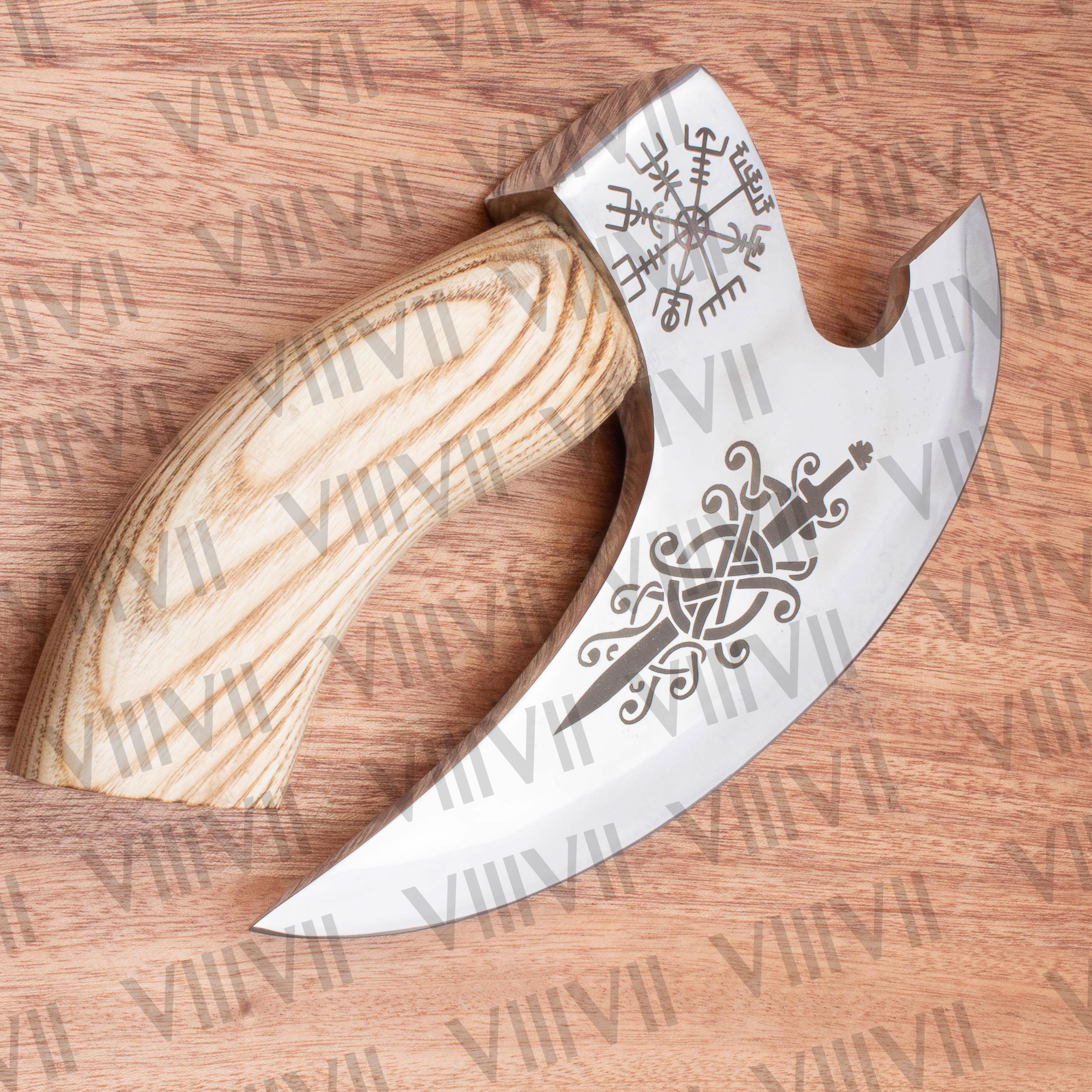 Viking ulferbht sword engraved pizza axe custom pizza cutter wholesale kitchen knife leather sheath Viking birthday handmade gift