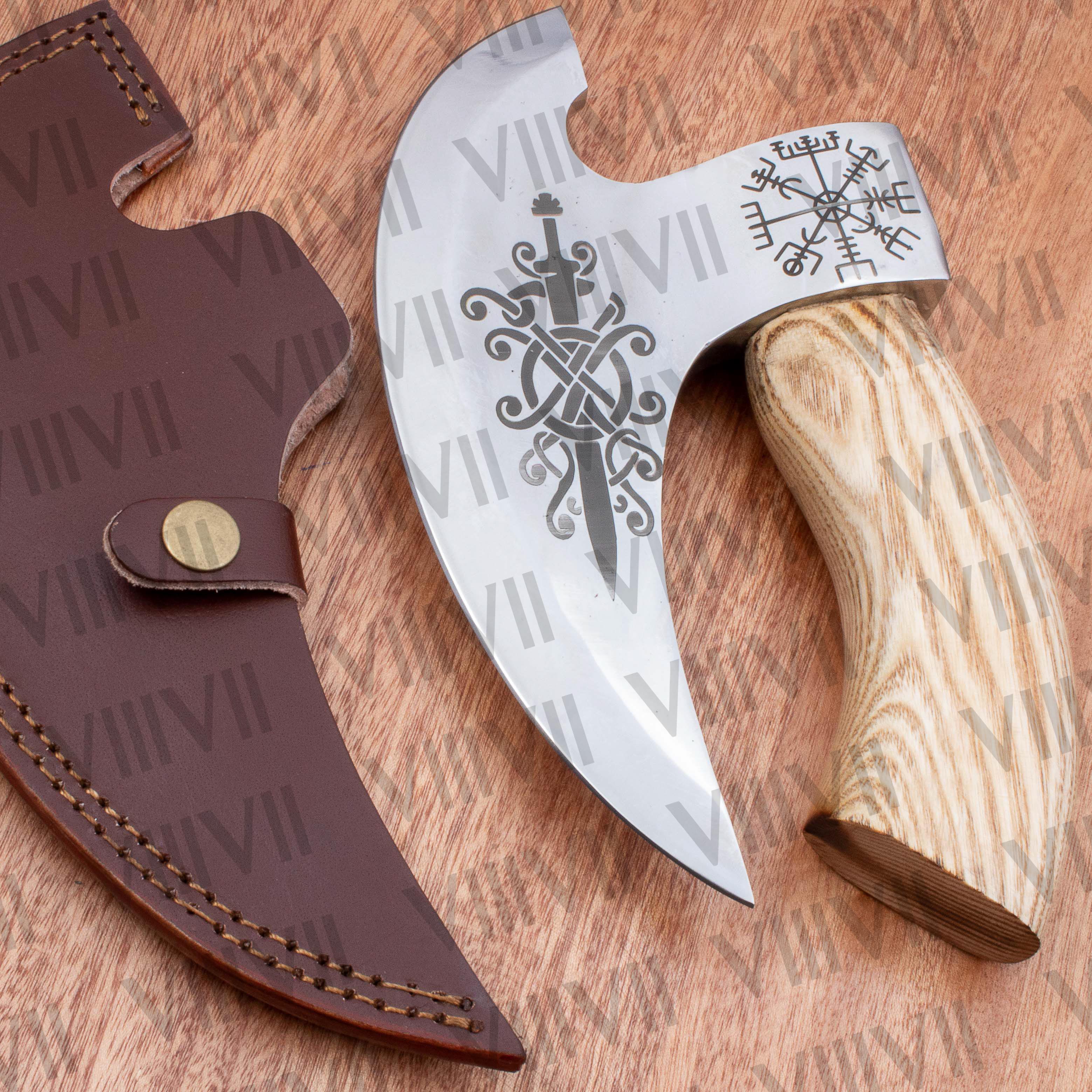 Viking ulferbht sword engraved pizza axe custom pizza cutter wholesale kitchen knife leather sheath Viking birthday handmade gift