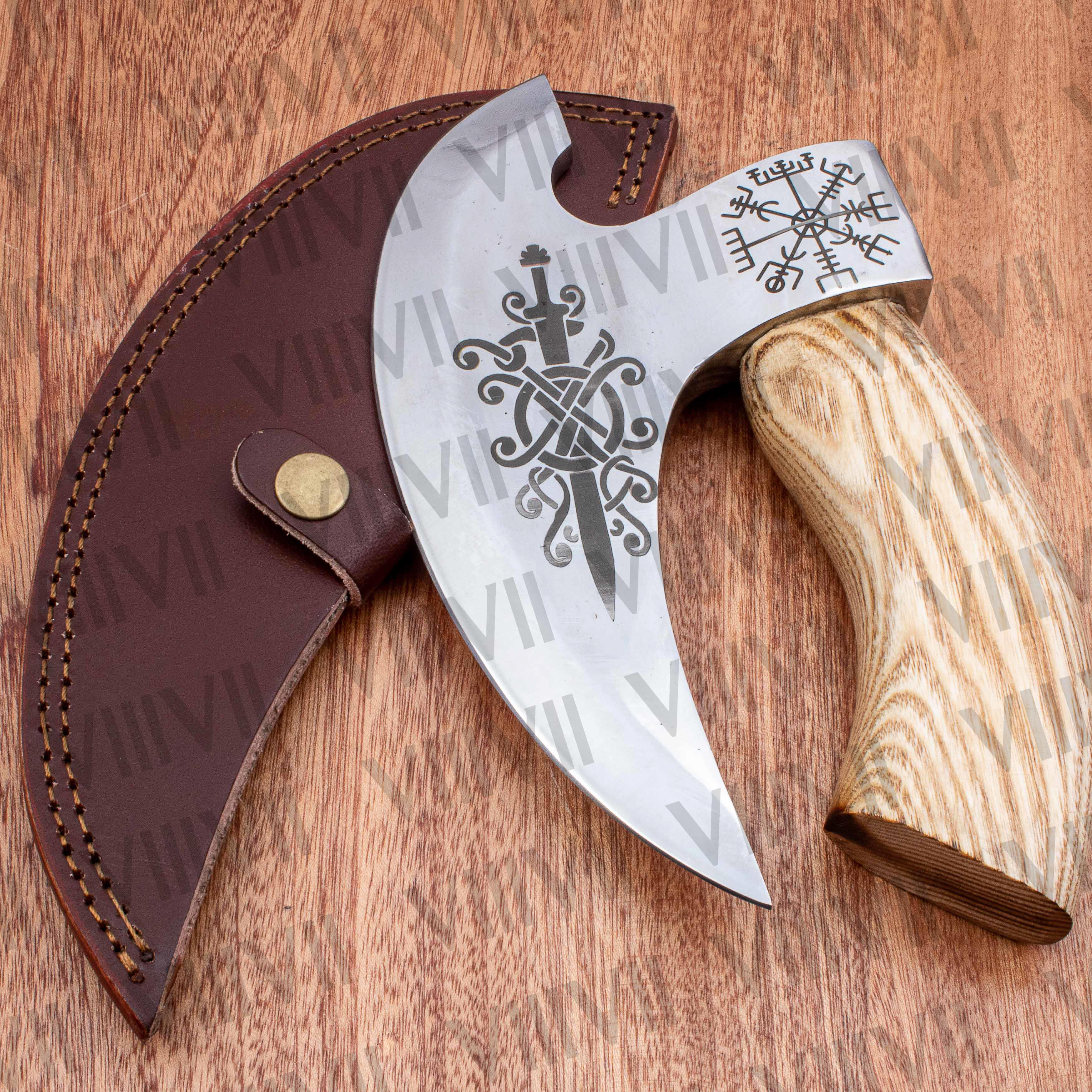Viking ulferbht sword engraved pizza axe custom pizza cutter wholesale kitchen knife leather sheath Viking birthday handmade gift