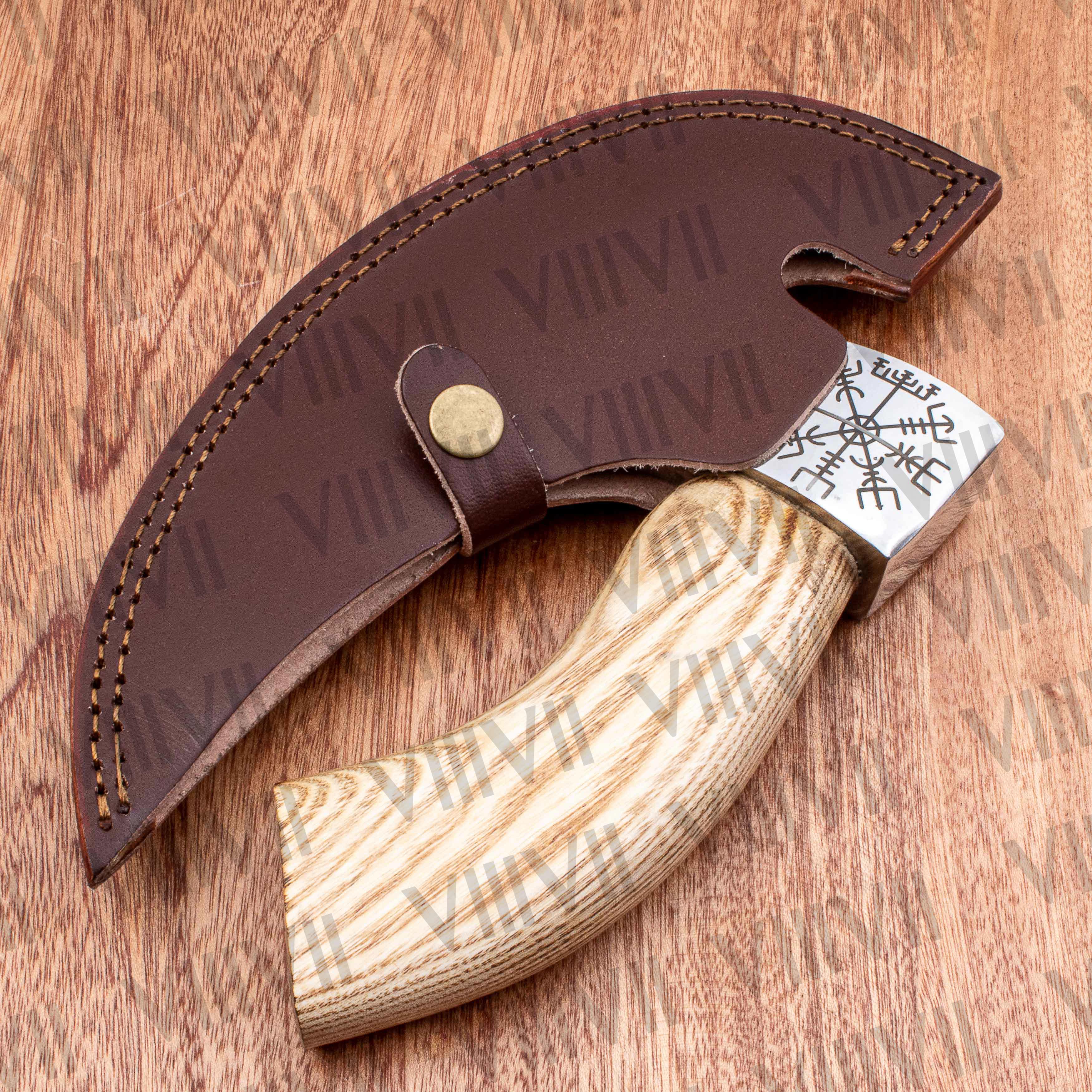 Viking ulferbht sword engraved pizza axe custom pizza cutter wholesale kitchen knife leather sheath Viking birthday handmade gift