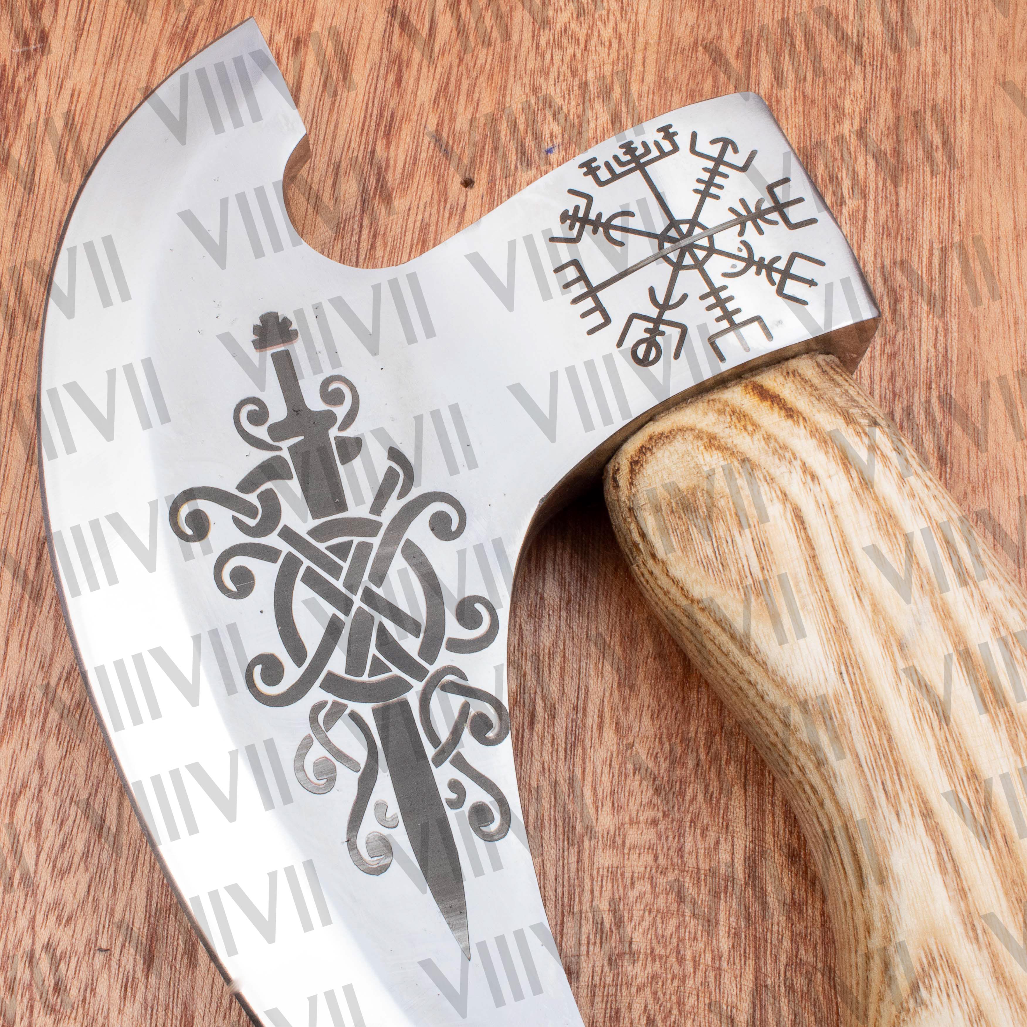 Viking ulferbht sword engraved pizza axe custom pizza cutter wholesale kitchen knife leather sheath Viking birthday handmade gift