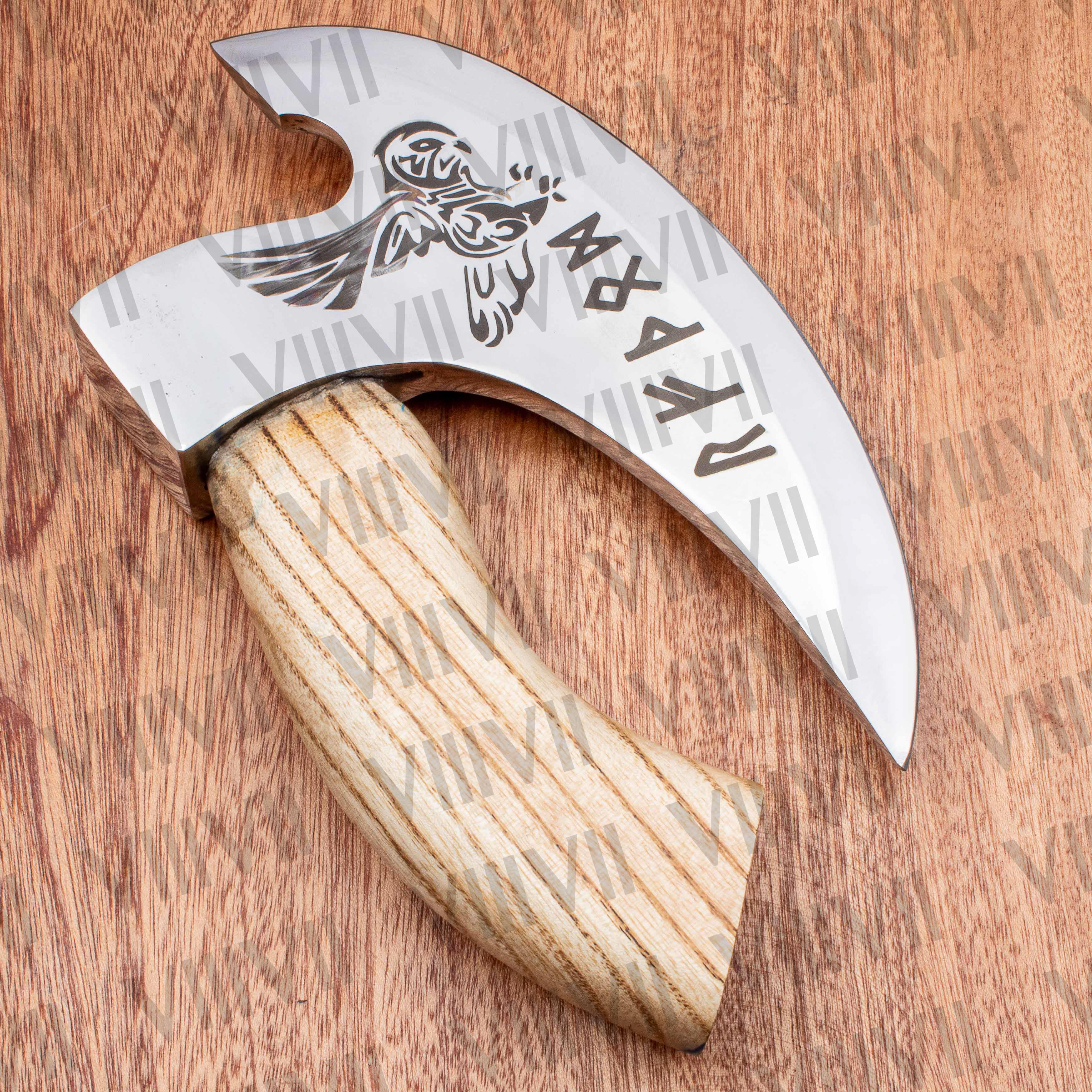 Viking axe pizza cutting tools handmade non slip handle high carbon steel restaurant supplies custom logo engraved leather cover