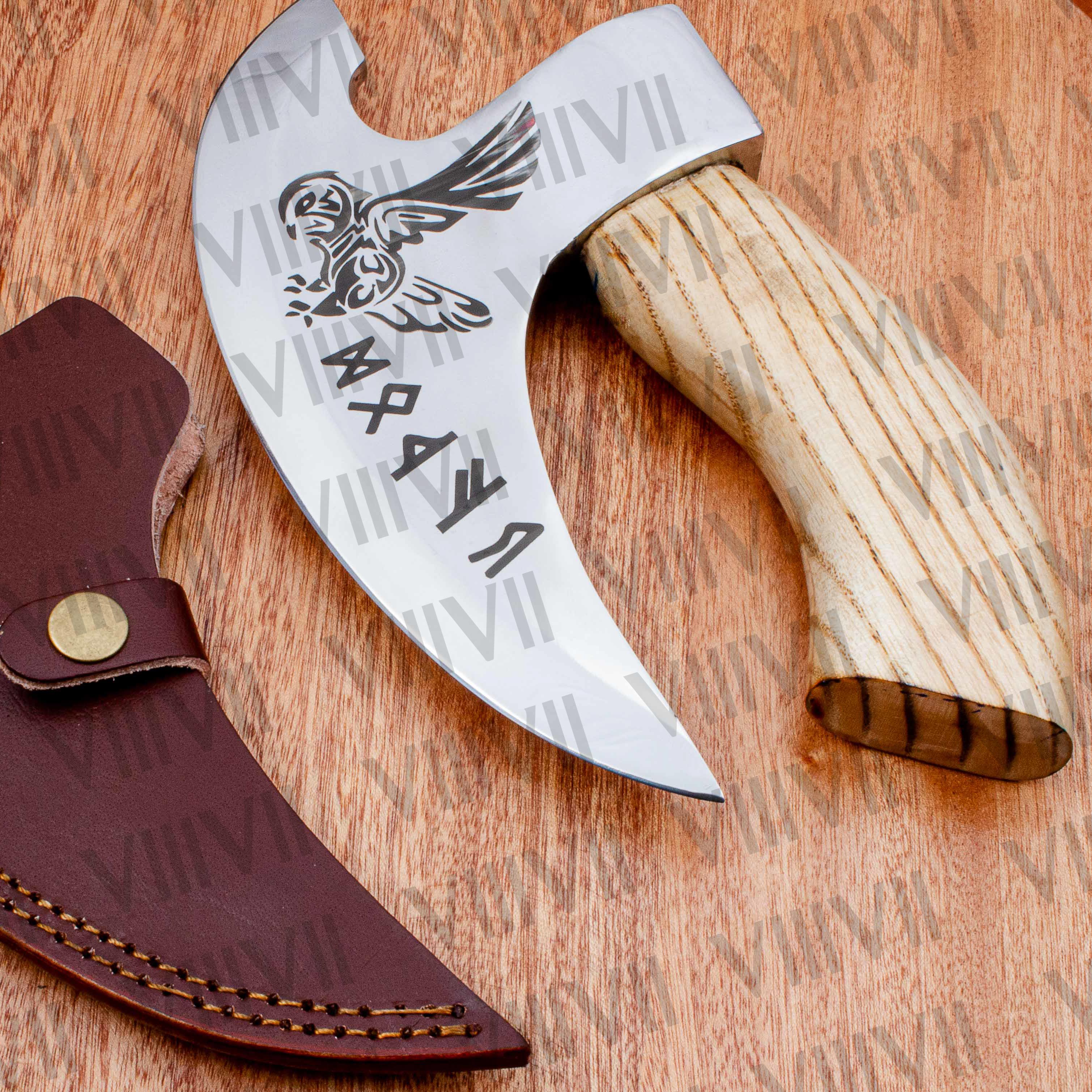 Viking axe pizza cutting tools handmade non slip handle high carbon steel restaurant supplies custom logo engraved leather cover