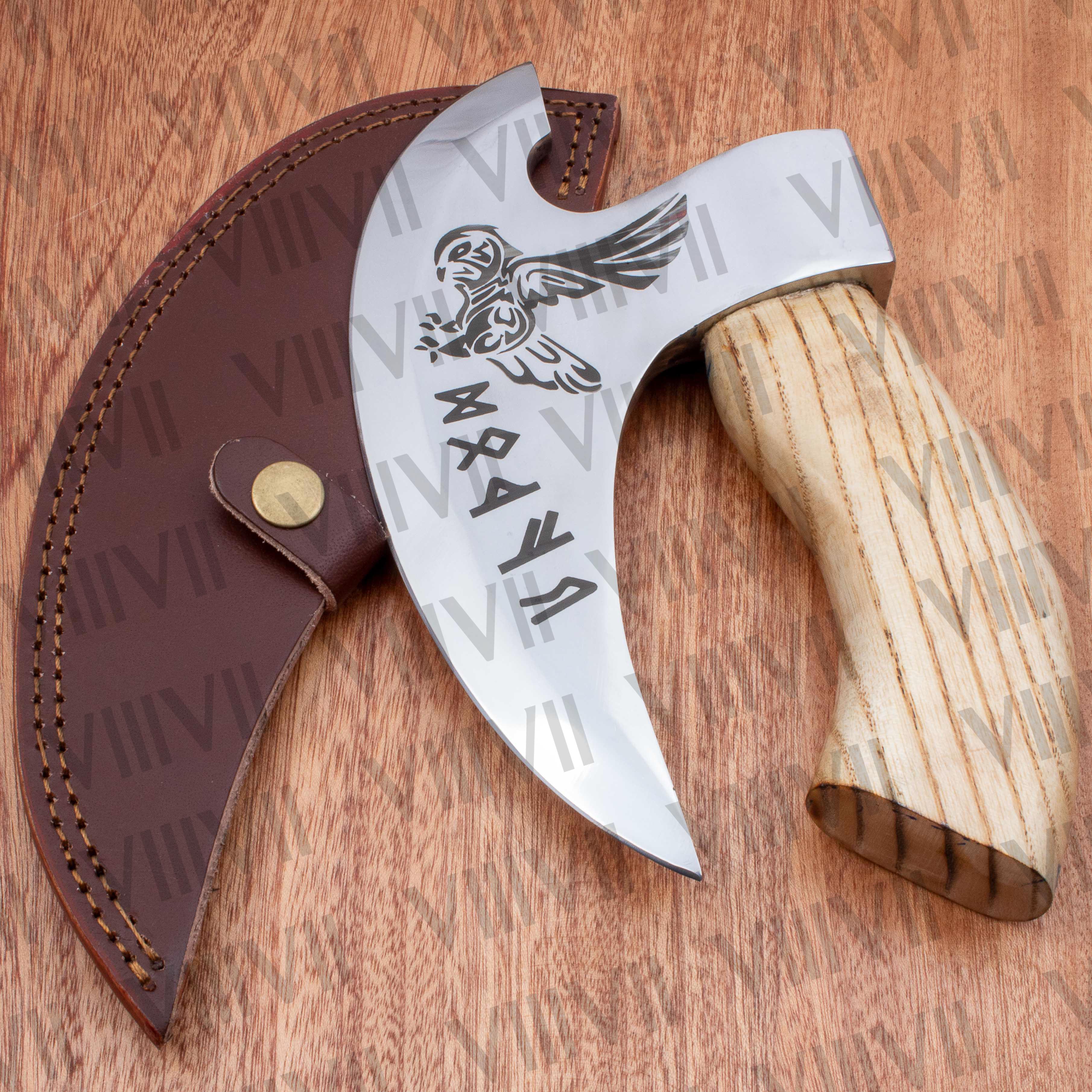 Viking axe pizza cutting tools handmade non slip handle high carbon steel restaurant supplies custom logo engraved leather cover