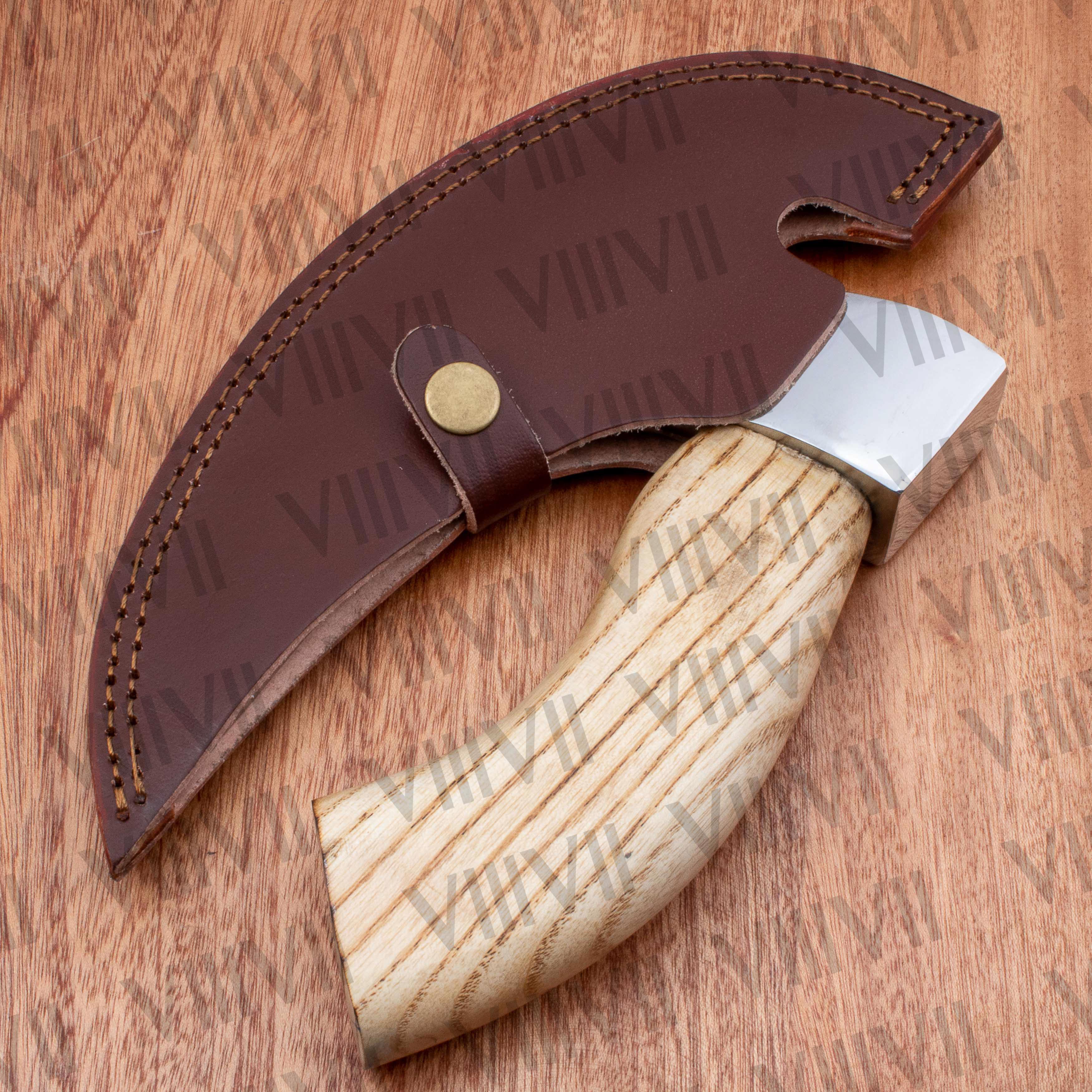 Viking axe pizza cutting tools handmade non slip handle high carbon steel restaurant supplies custom logo engraved leather cover