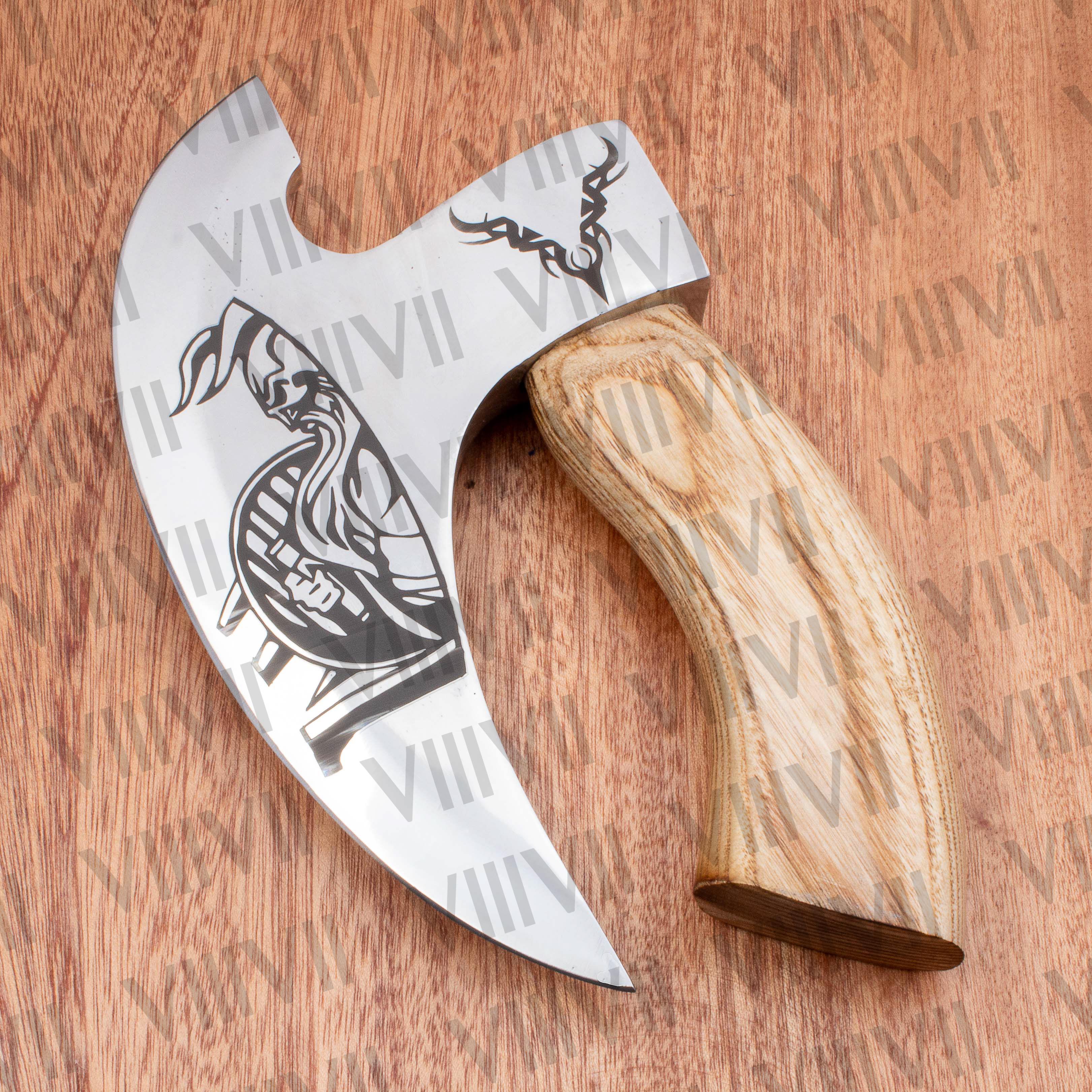 Viking warrior engraved pizza axe Ashwood handle genuine leather cover wedding gift supplies rocking knife