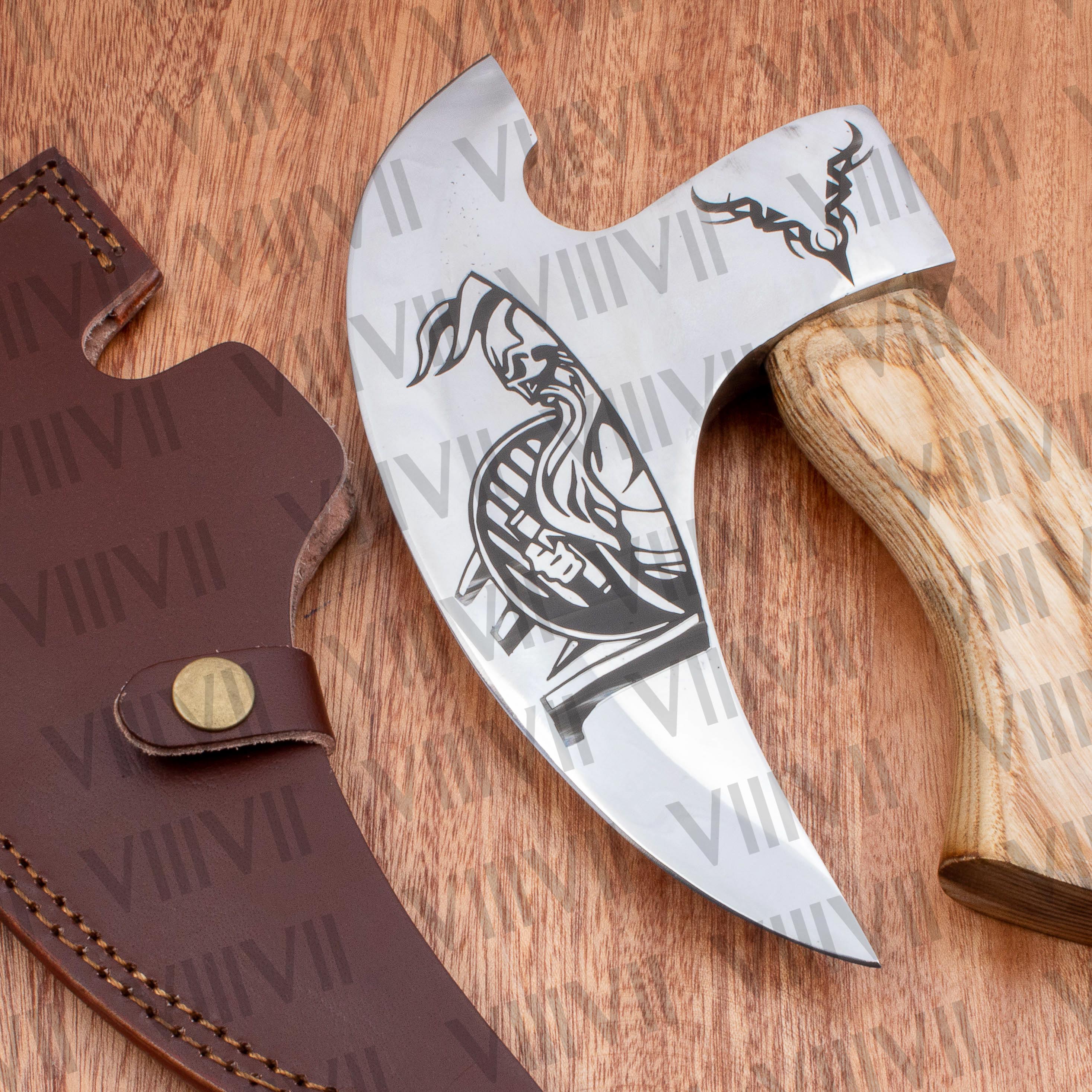 Viking warrior engraved pizza axe Ashwood handle genuine leather cover wedding gift supplies rocking knife