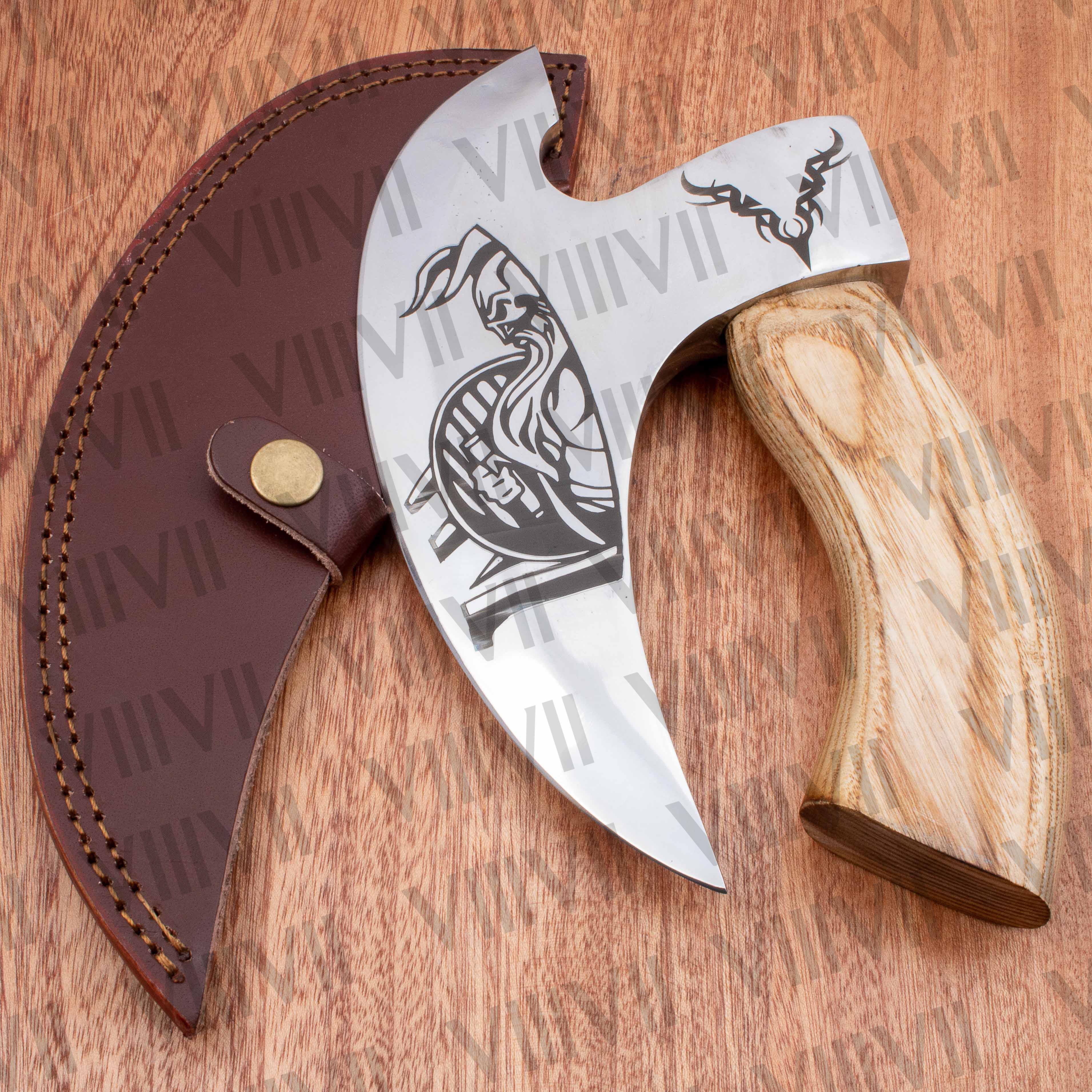 Viking warrior engraved pizza axe Ashwood handle genuine leather cover wedding gift supplies rocking knife