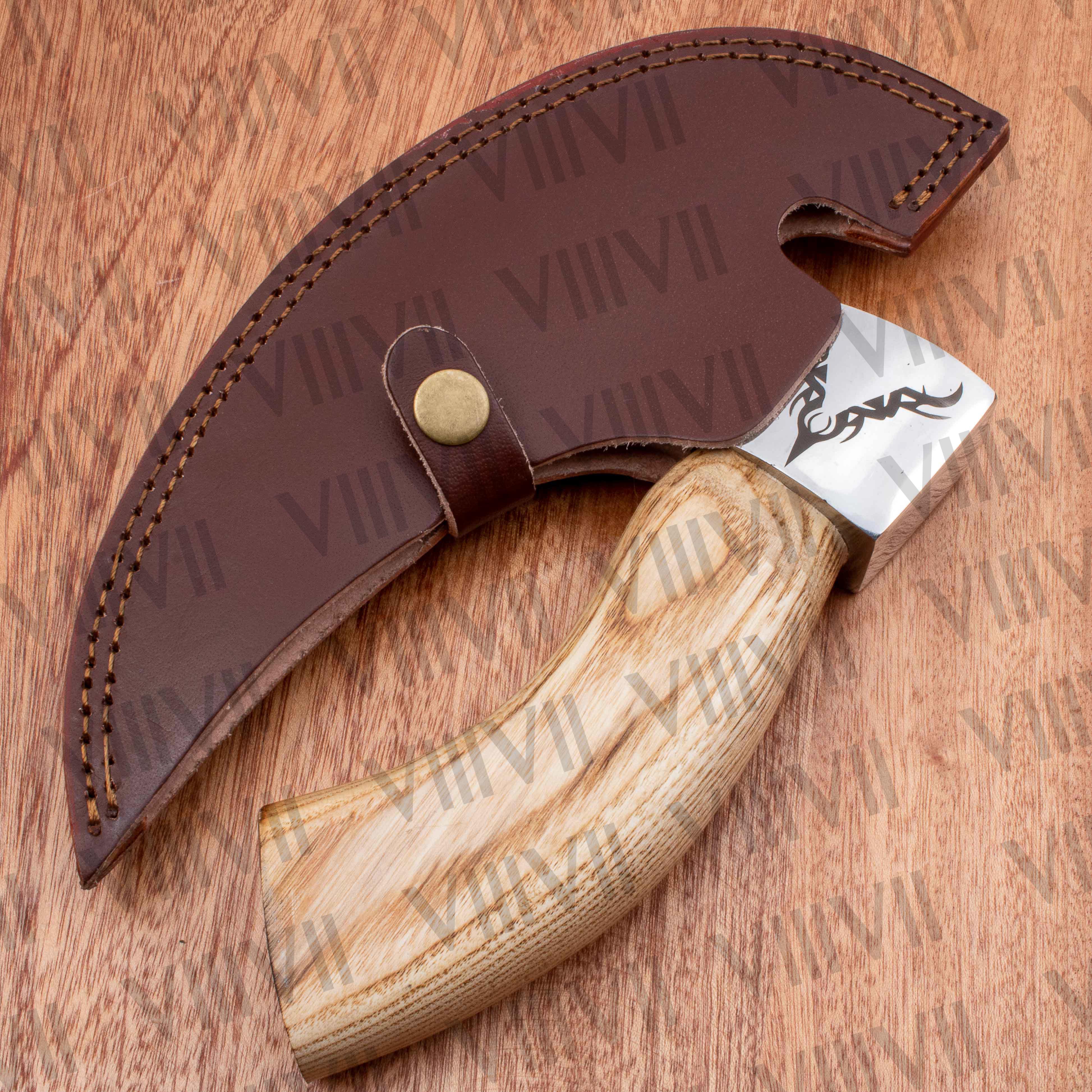 Viking warrior engraved pizza axe Ashwood handle genuine leather cover wedding gift supplies rocking knife