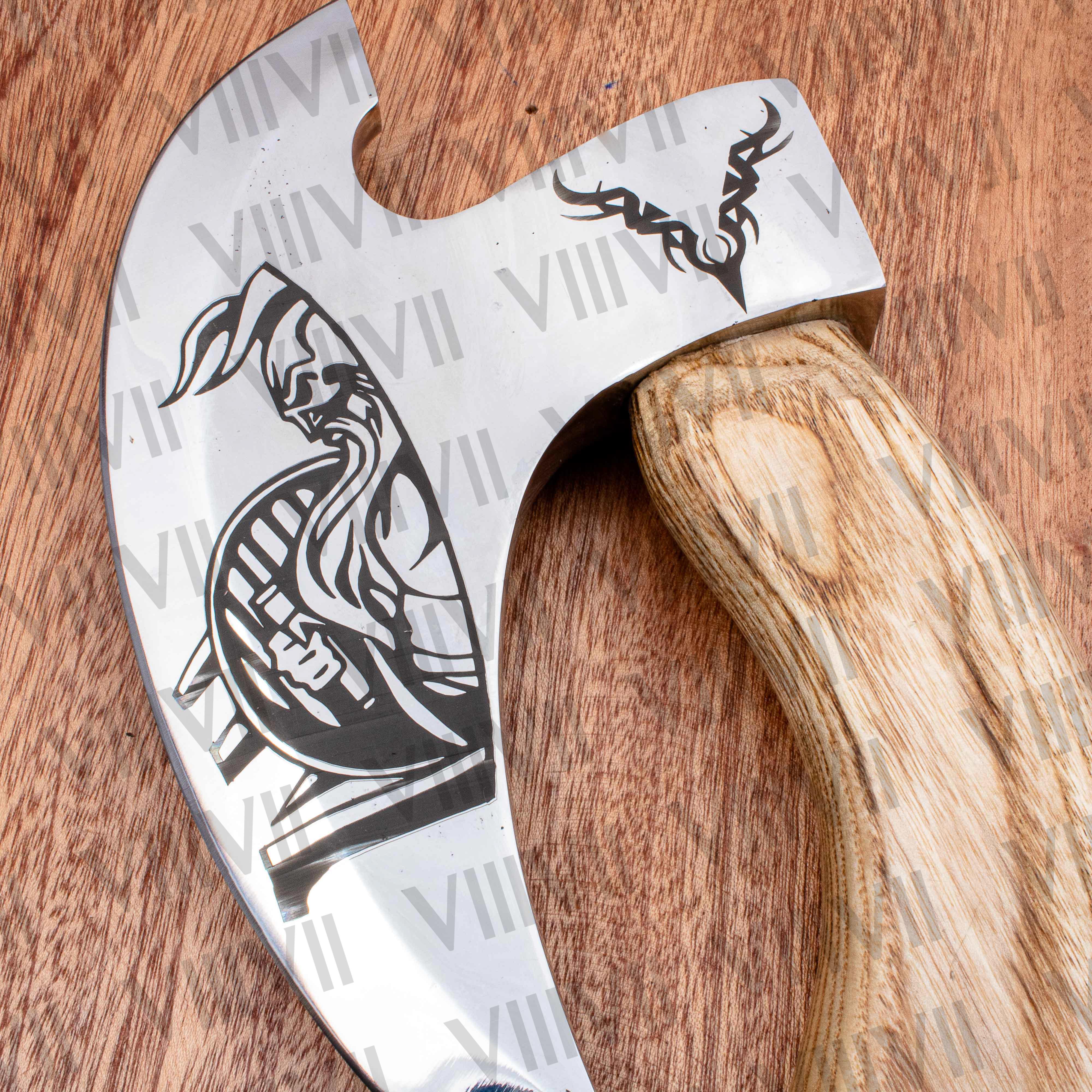 Viking warrior engraved pizza axe Ashwood handle genuine leather cover wedding gift supplies rocking knife