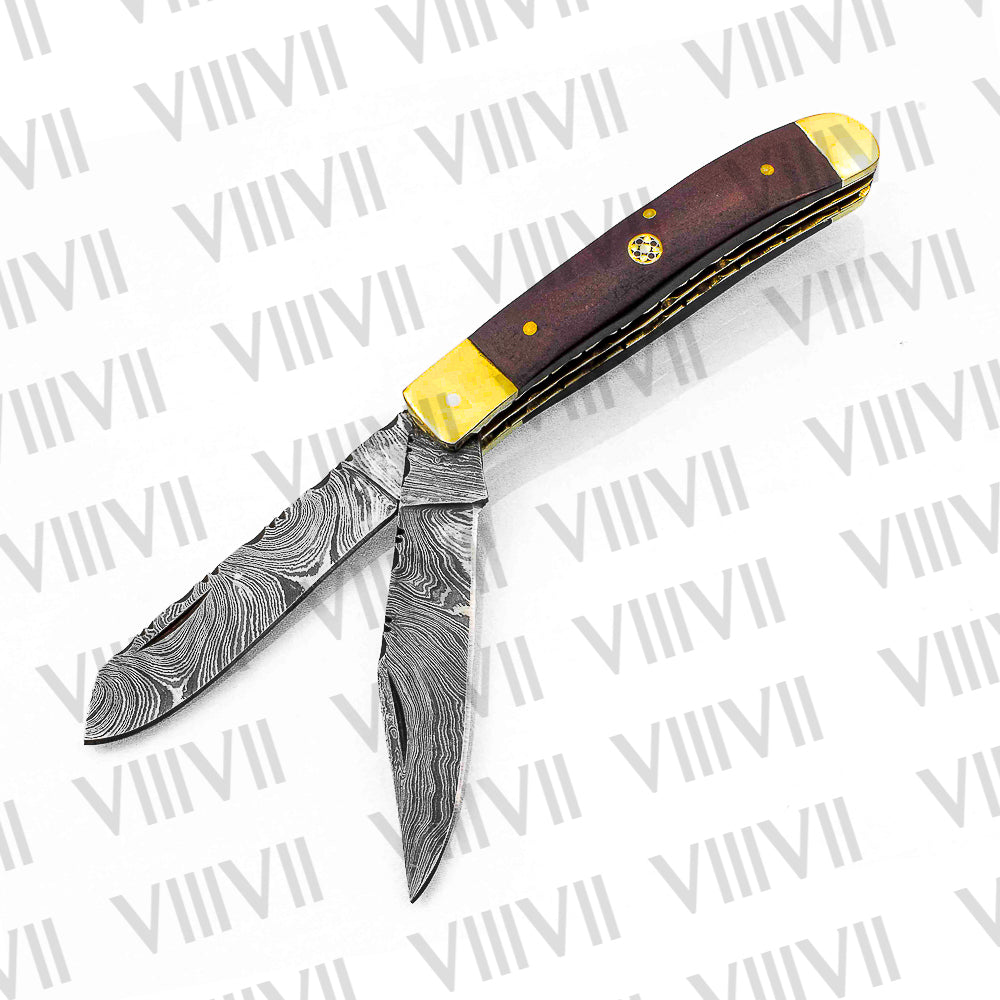 Double Blade Damascus Pocket Knife with Brown Micarta Handle | Trapper Folding Knife with Clip & Spey Blades – Leather Sheath or Gift Box