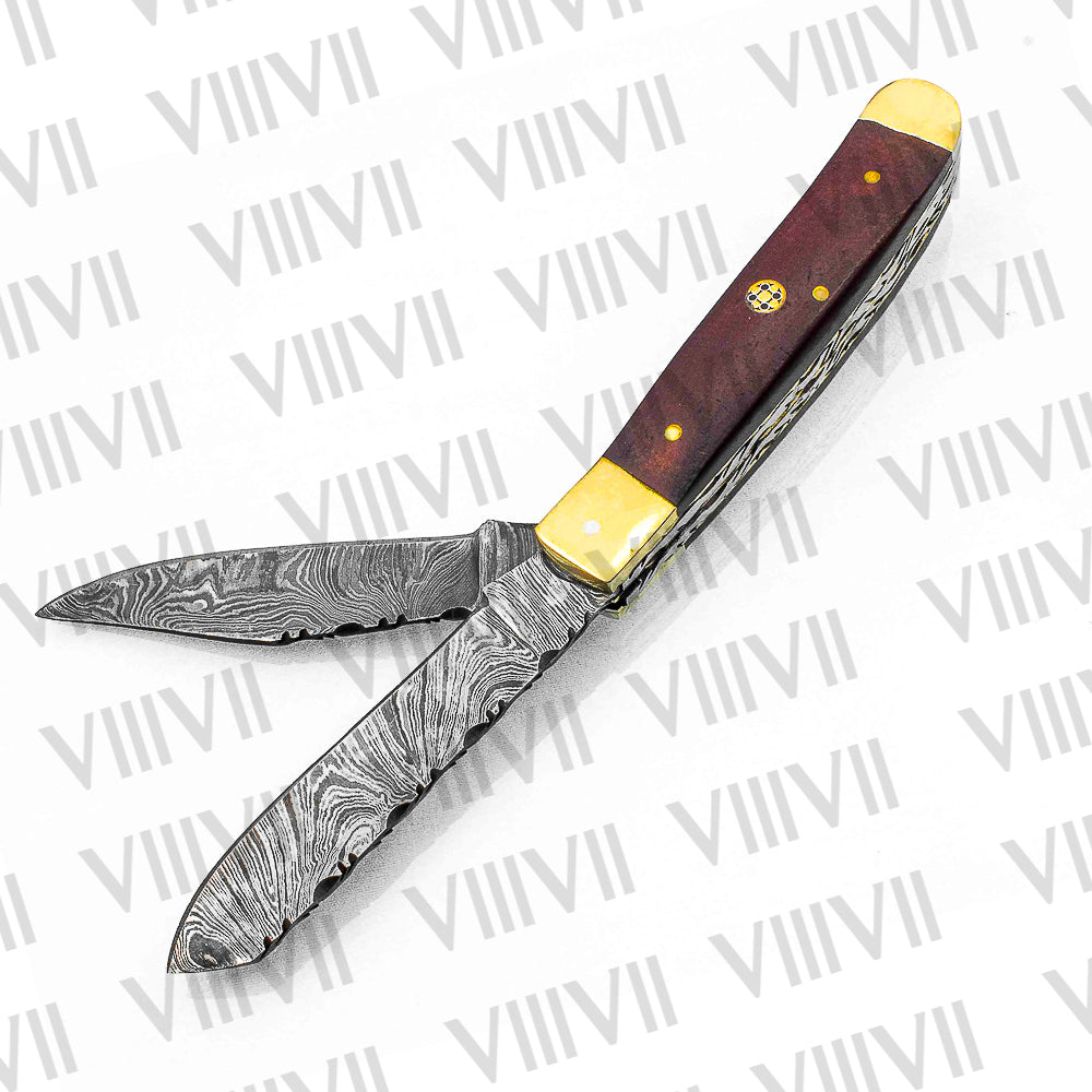 Double Blade Damascus Pocket Knife with Brown Micarta Handle | Trapper Folding Knife with Clip & Spey Blades – Leather Sheath or Gift Box