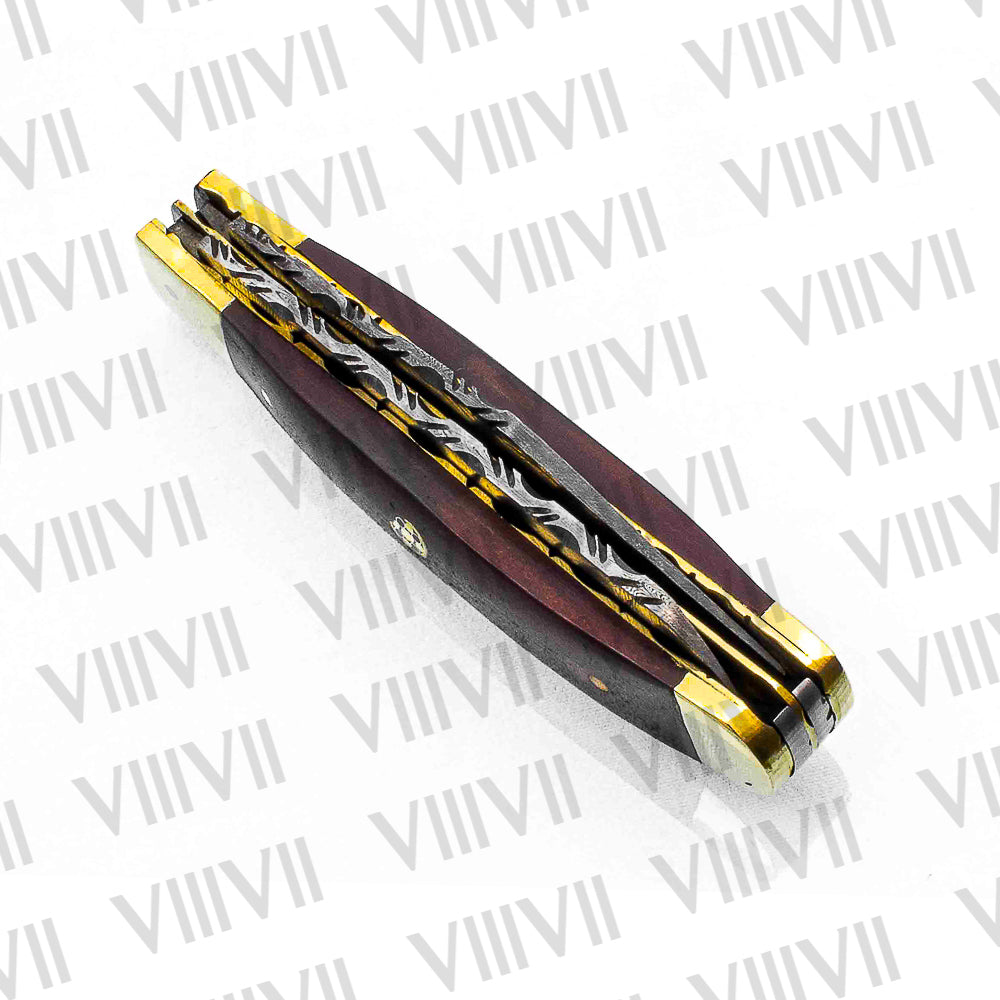 Double Blade Damascus Pocket Knife with Brown Micarta Handle | Trapper Folding Knife with Clip & Spey Blades – Leather Sheath or Gift Box