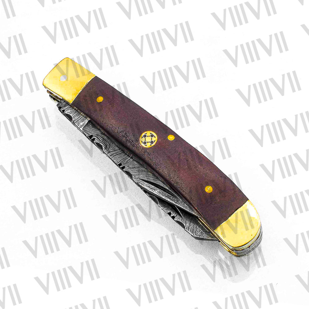 Double Blade Damascus Pocket Knife with Brown Micarta Handle | Trapper Folding Knife with Clip & Spey Blades – Leather Sheath or Gift Box