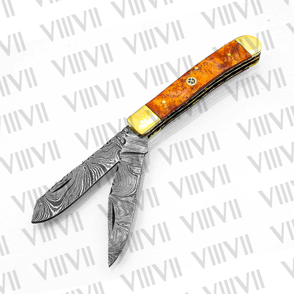 Double Blade Damascus Pocket Knife with Orange Resin Handle | Trapper Folding Knife with Clip & Spey Blades – Gift Box or Leather Sheath