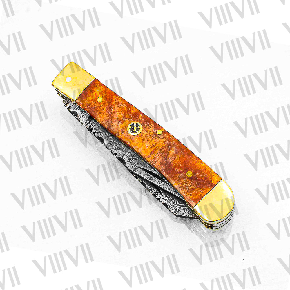 Double Blade Damascus Pocket Knife with Orange Resin Handle | Trapper Folding Knife with Clip & Spey Blades – Gift Box or Leather Sheath
