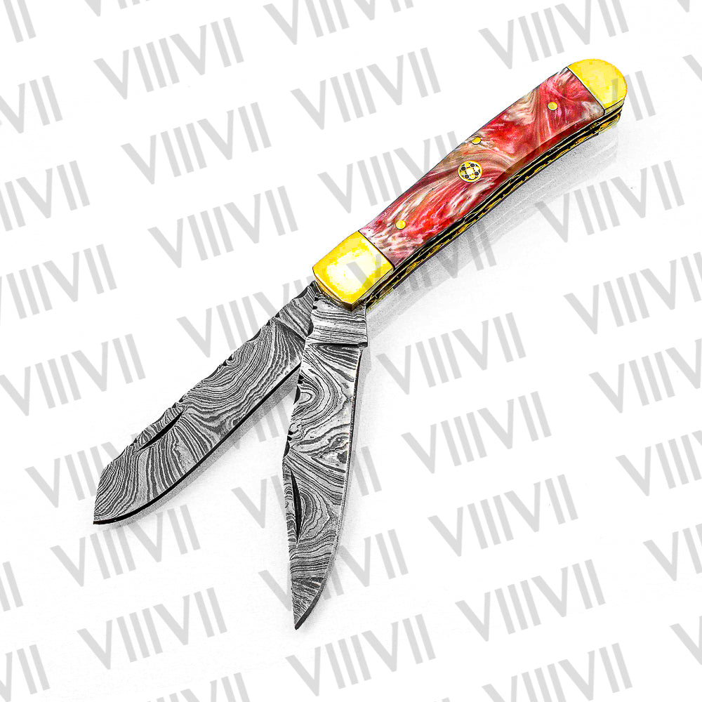 Double Blade Damascus Pocket Knife with Pink Resin Handle | Trapper Folding Knife with Clip & Spey Blades – Gift Box or Leather Sheath