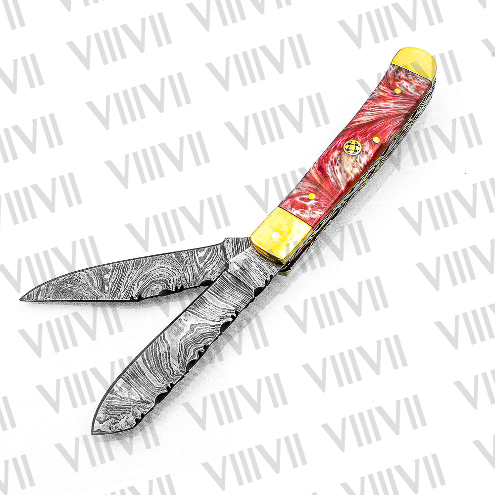 Double Blade Damascus Pocket Knife with Pink Resin Handle | Trapper Folding Knife with Clip & Spey Blades – Gift Box or Leather Sheath