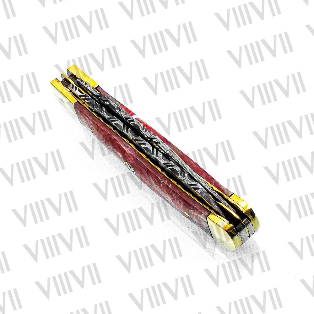 Double Blade Damascus Pocket Knife with Pink Resin Handle | Trapper Folding Knife with Clip & Spey Blades – Gift Box or Leather Sheath