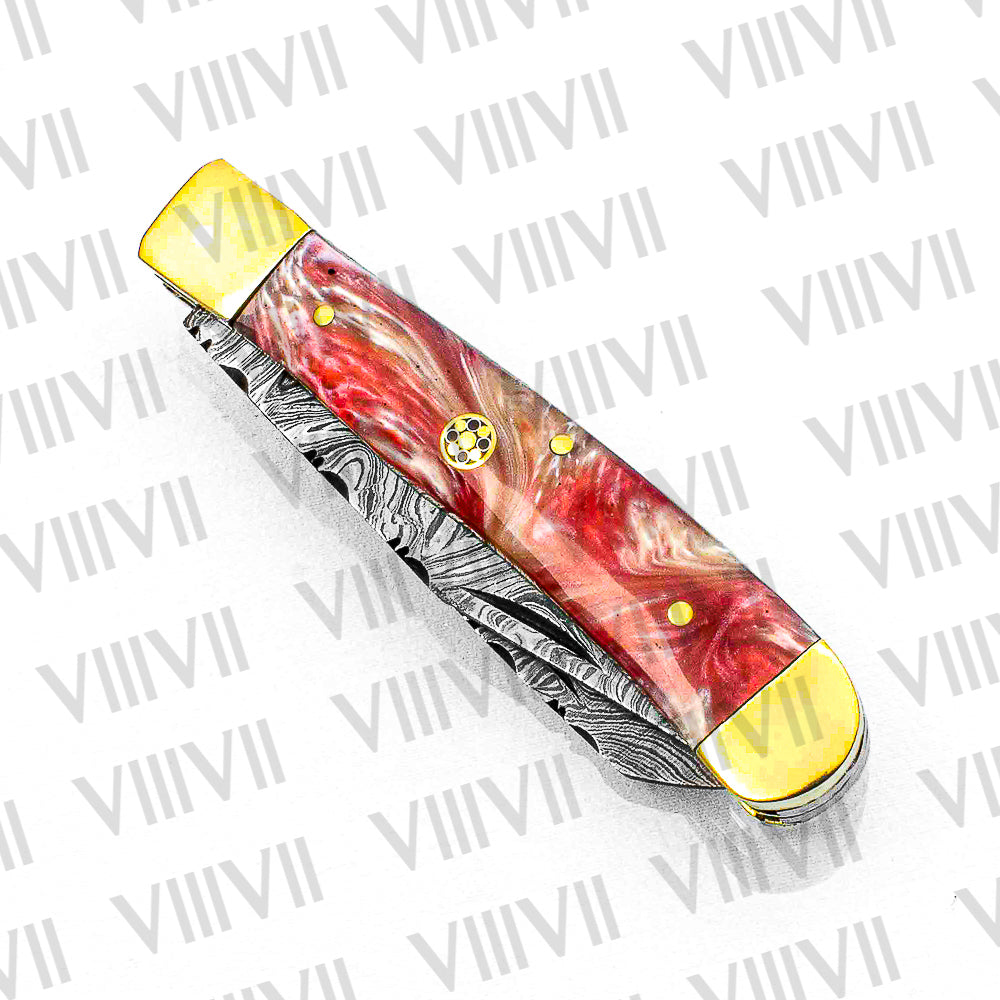 Double Blade Damascus Pocket Knife with Pink Resin Handle | Trapper Folding Knife with Clip & Spey Blades – Gift Box or Leather Sheath