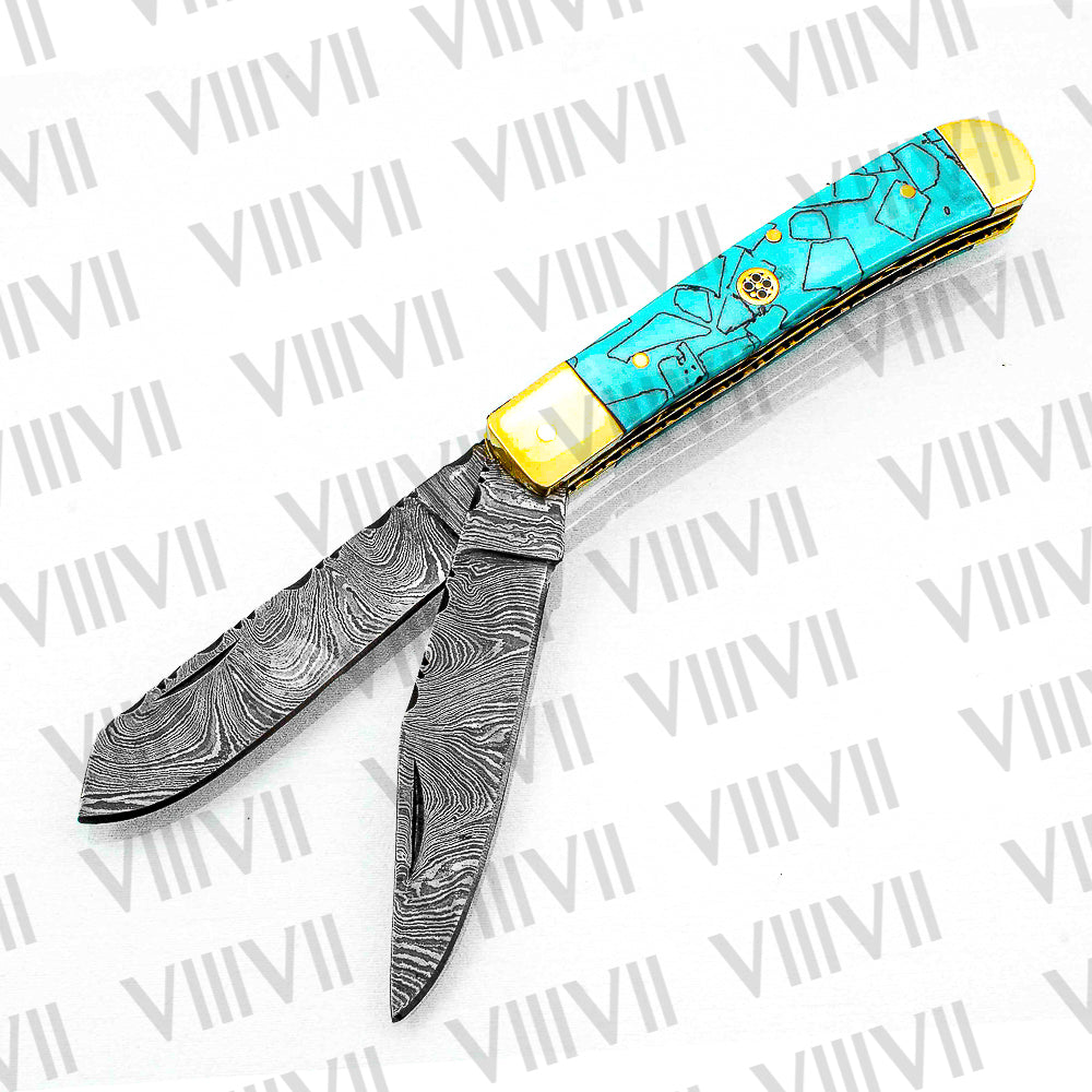 Double Blade Damascus Pocket Knife with Turquoise Resin Handle | Trapper Folding Knife with Clip & Spey Blades – Leather Sheath or Gift Box